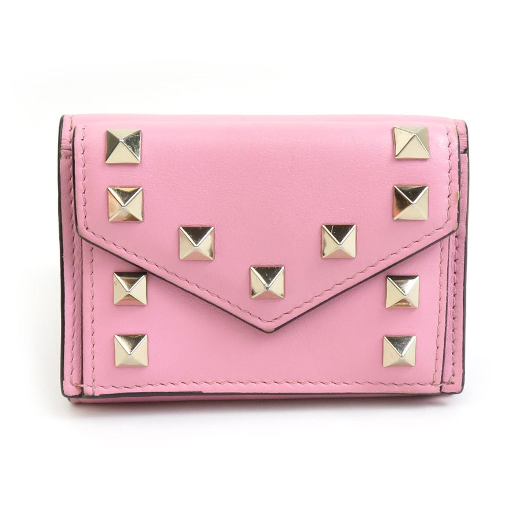 Valentino Garavani Tri-fold Wallet Rockstud Leather Metal Pink Gold