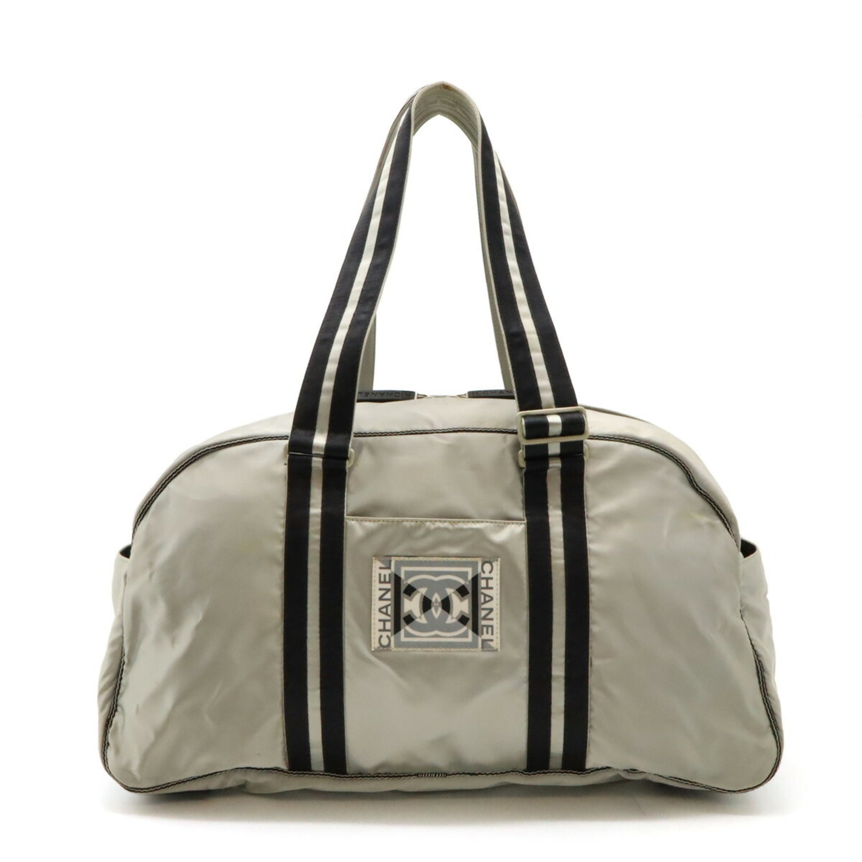 CHANEL Sport Line Coco Mark Boston Bag Travel Nylon Silver Black