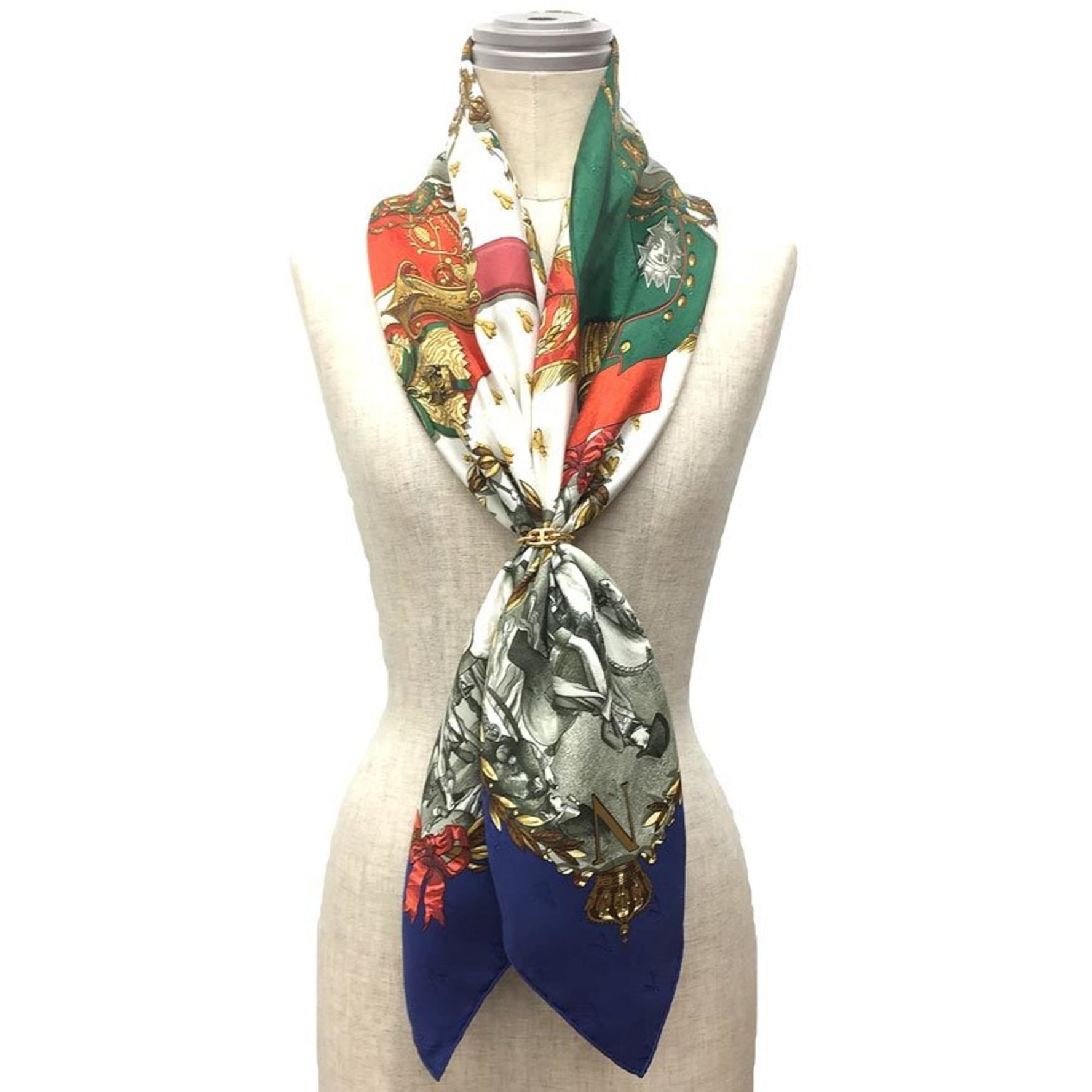 HERMES Carre 90 Scarf Muffler NAPOLEON Napoleon Bee Embroidery 100% Silk Blue x White