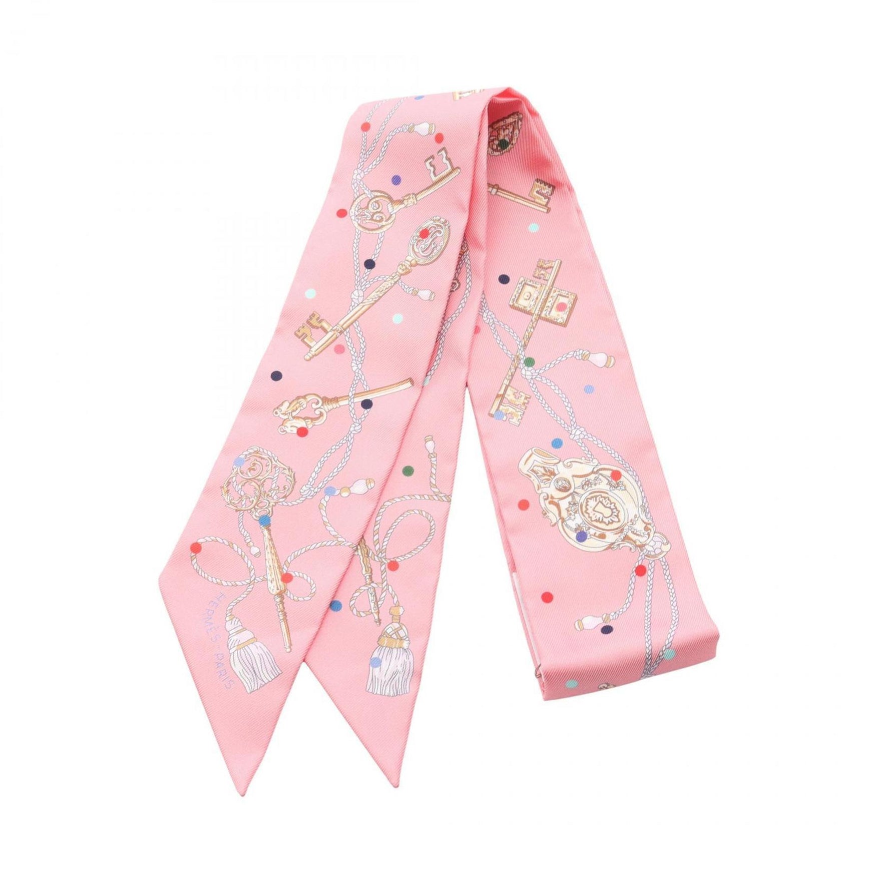 Hermes Hermès Les Cles a Pois Twilly Silk Scarf in Multicolored Pink