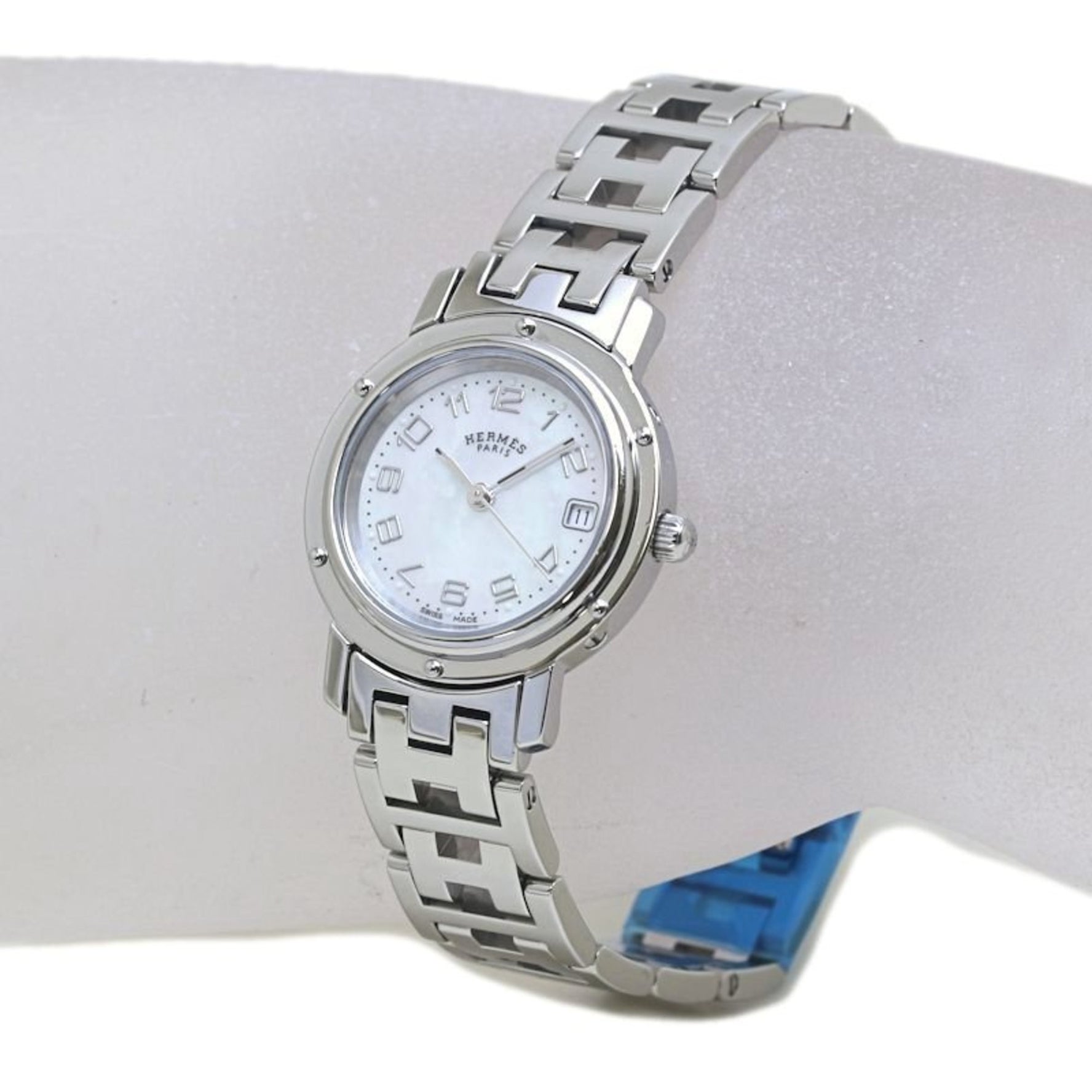 HERMES Clipper Nacrée White Shell Watch with New Buckle, 3821 Stainless Steel