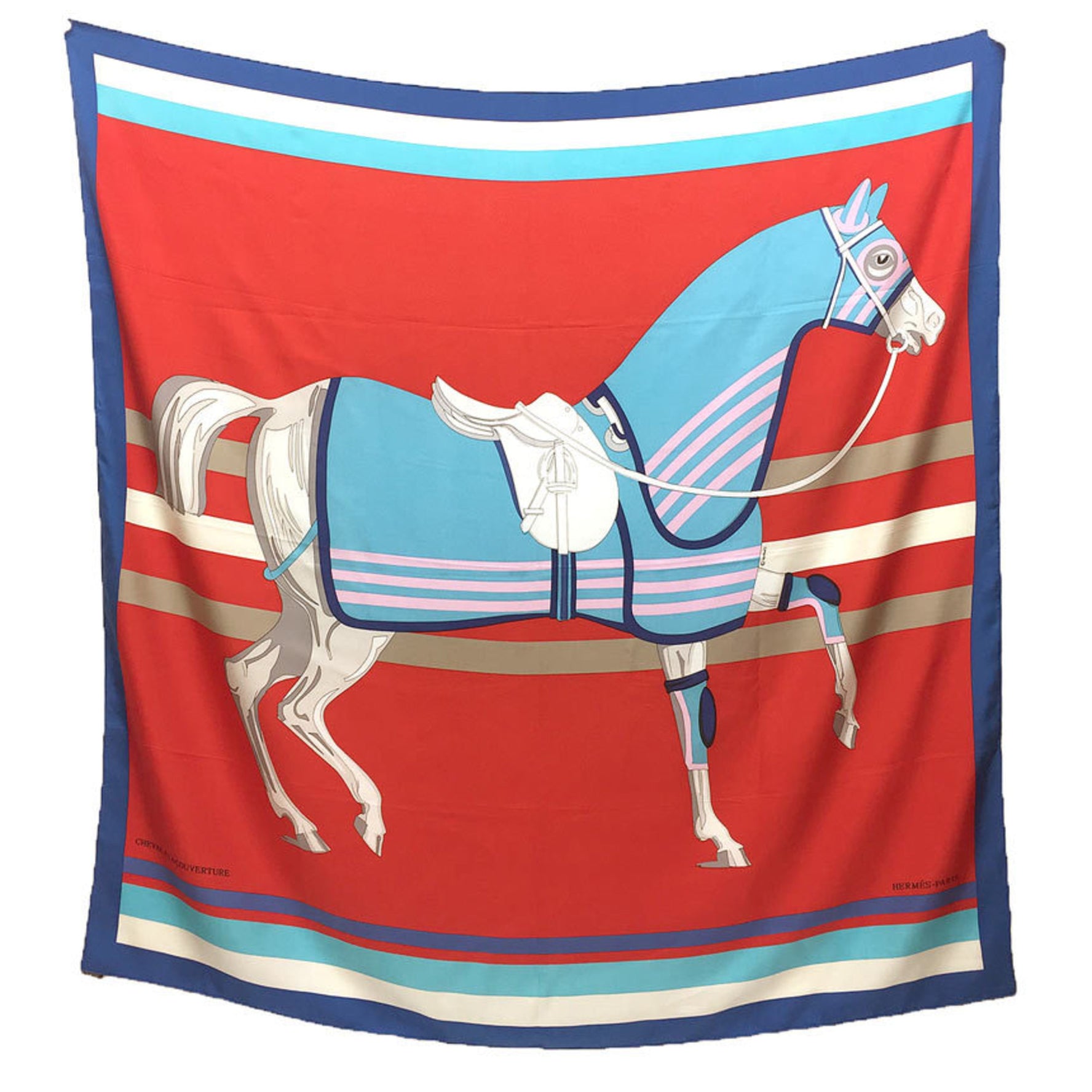 HERMES Shawl Carré 140 Scarf Muffler CHEVAL A LA COUVERTIURE with Horse Blanket 100% Silk Red x Blue