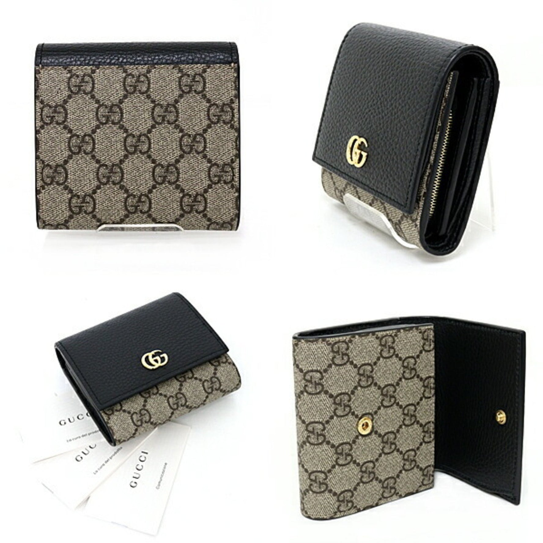 GUCCI Double G Bicolor Medium Wallet GG Supreme Canvas Black Leather Beige & Ebony