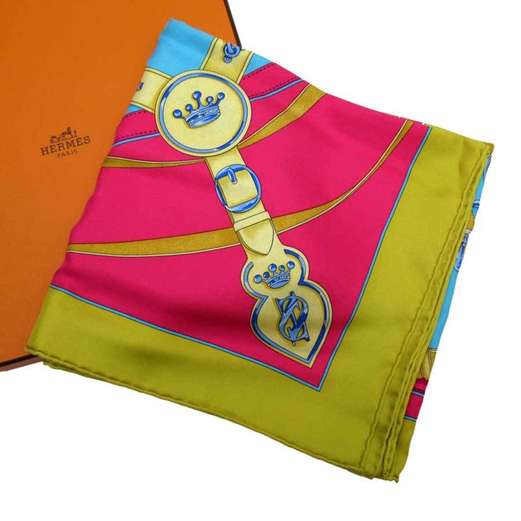 Hermes Scarf Carre 90 LA PROMENADE DU MATIN Morning Walk Blue Gold Pink 100% Silk