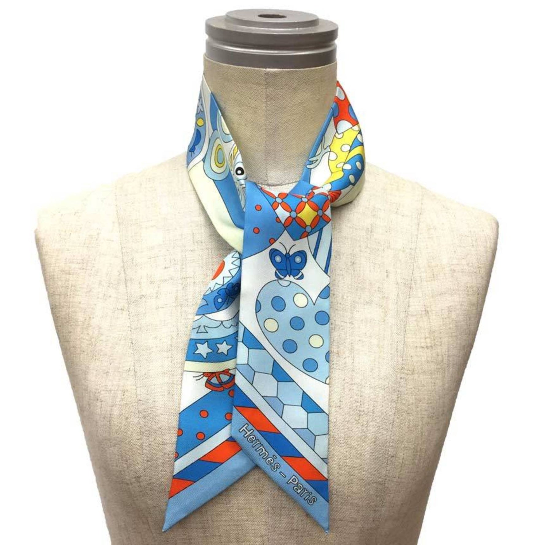 HERMES Twilly Scarf Muffler LES MURMURES DE LA FORET Forest Whispers Owl Blue Jean Silk