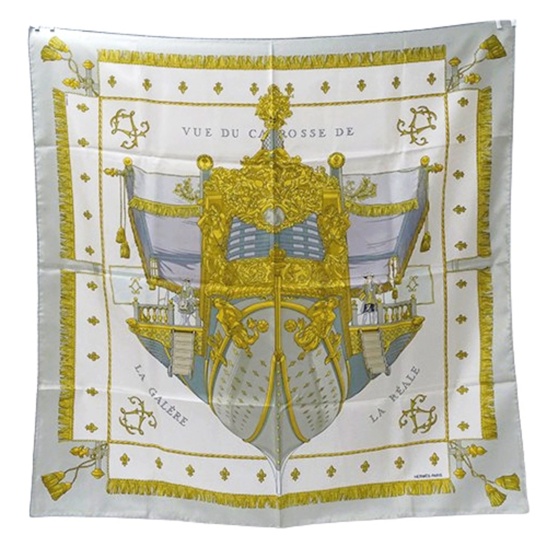 Hermes Hermès scarf/muffler brand name Carré 90 VUE DU CARROSSE DE LA GALERE REALE, Queen's Coronation, silk, pale green, large.
