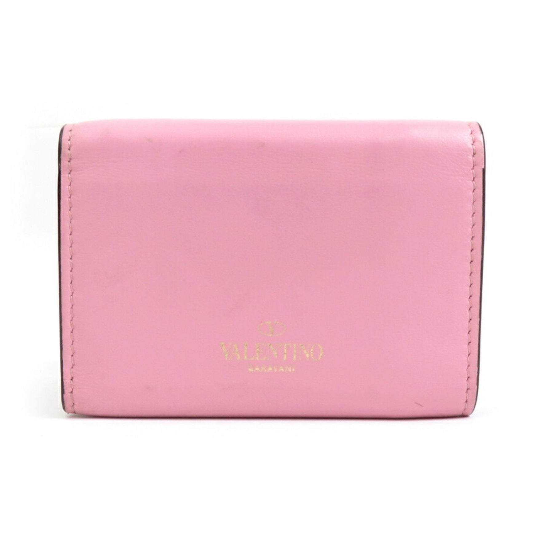 Valentino Garavani Tri-fold Wallet Rockstud Leather Metal Pink Gold
