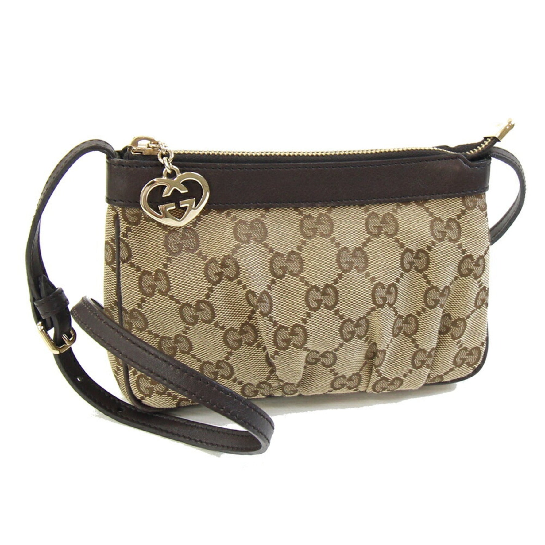 Gucci Shoulder Bag Beige Brown Canvas and Leather Pochette Small Heart Charm