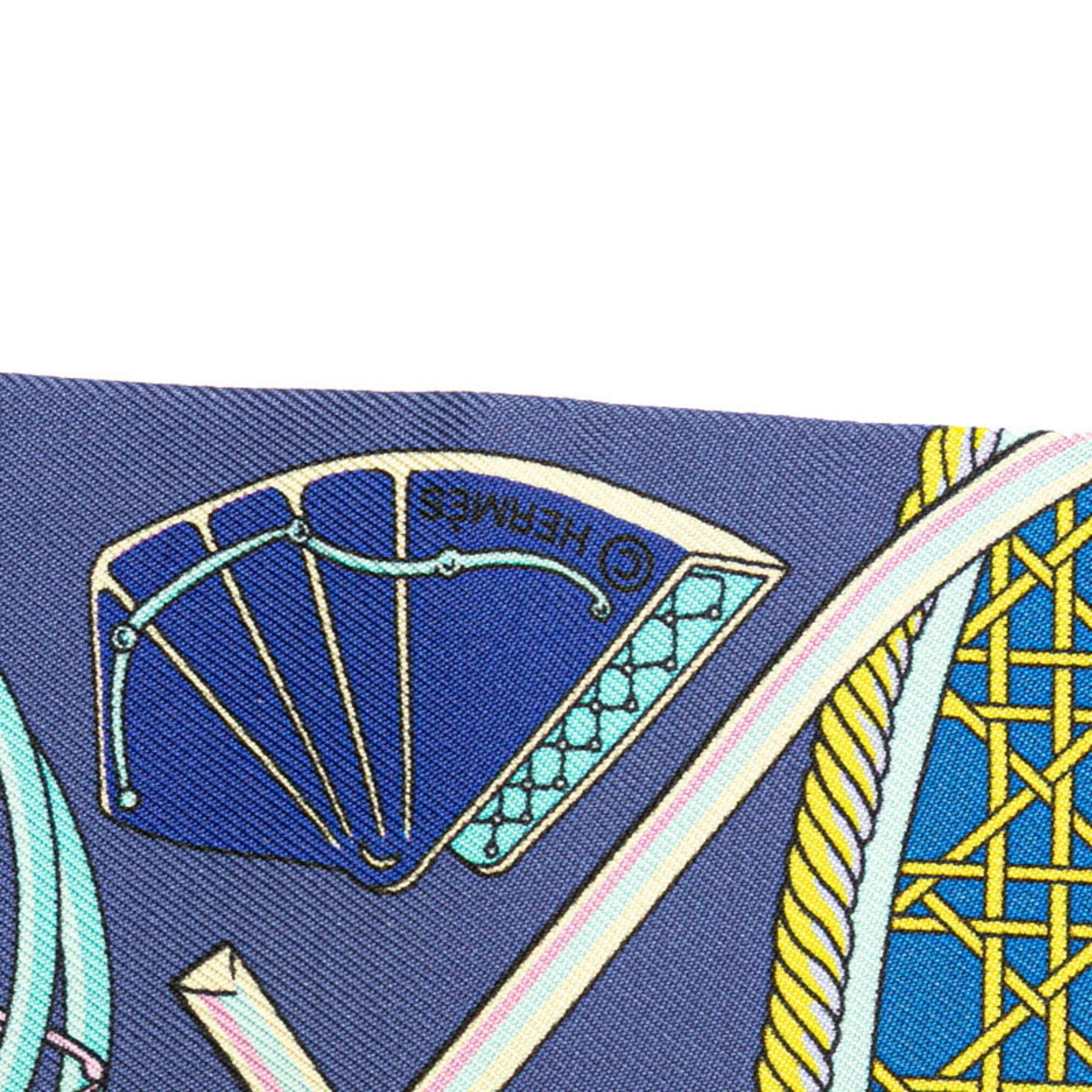 Hermes Hermès Twilly "Les Voitures a Transformation" Folding Canopy Carriage Scarf, Multicolor Blue Silk