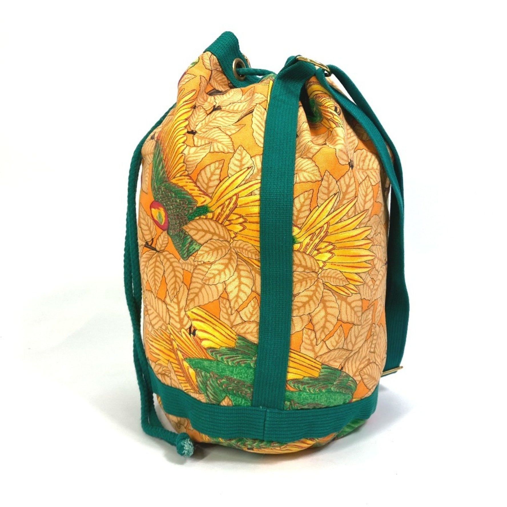 HERMES Vintage Bird Print Drawstring Bag, One-Shoulder Canvas Shoulder Green