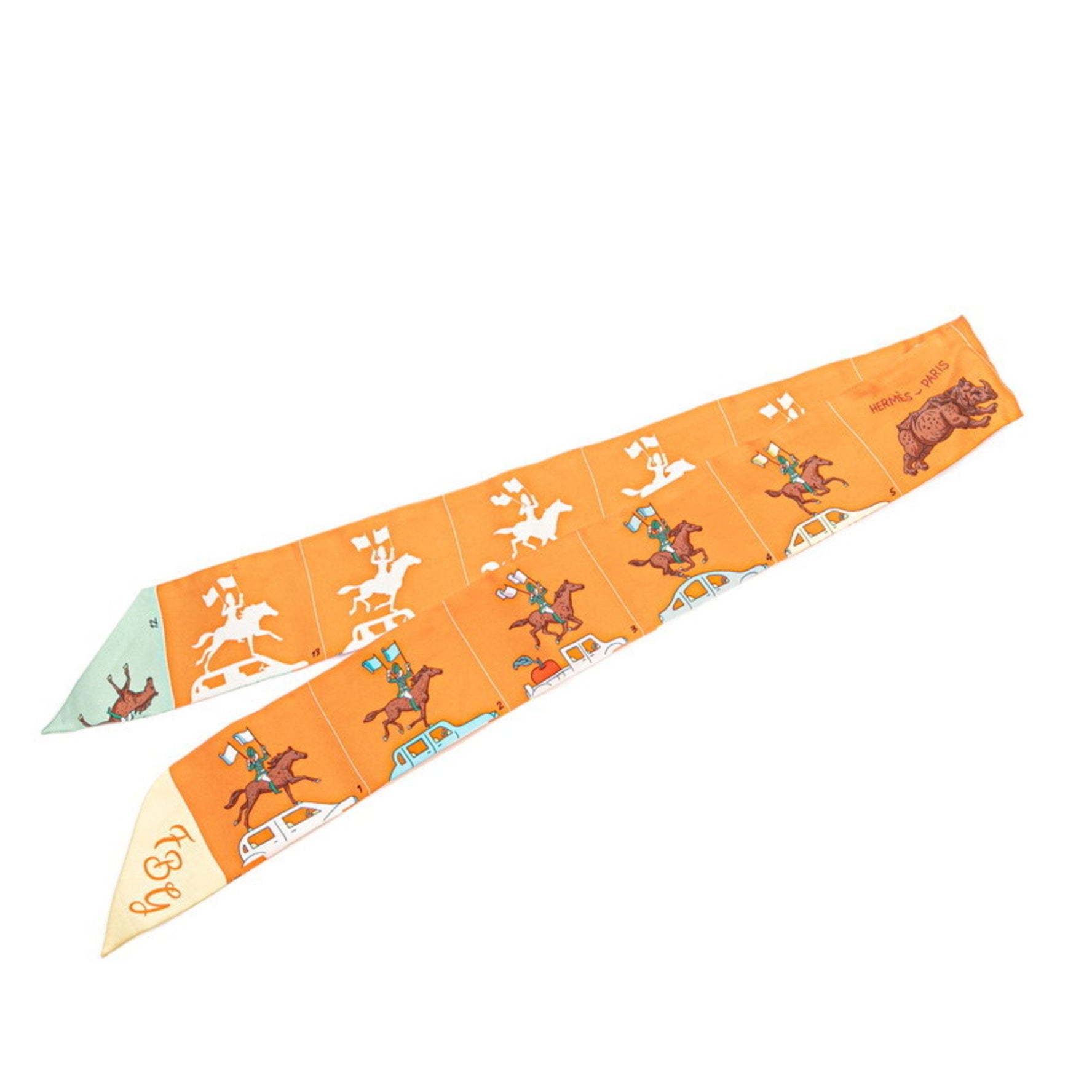 Hermes Twilly Parade Scarf, Orange and Brown Silk