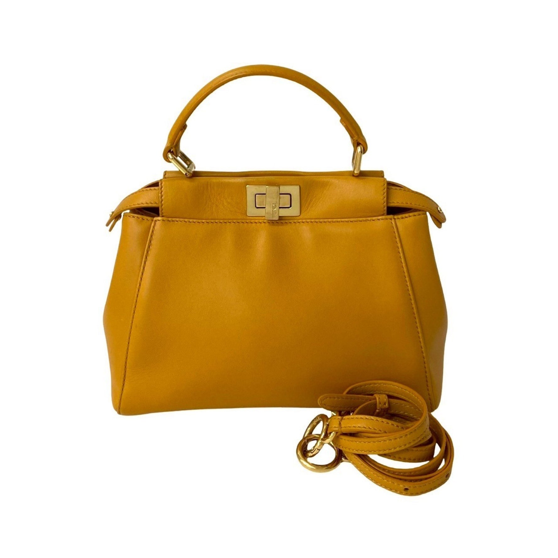FENDI Peekaboo Mini Logo Hardware Leather Genuine Shoulder Bag/Handbag Camel