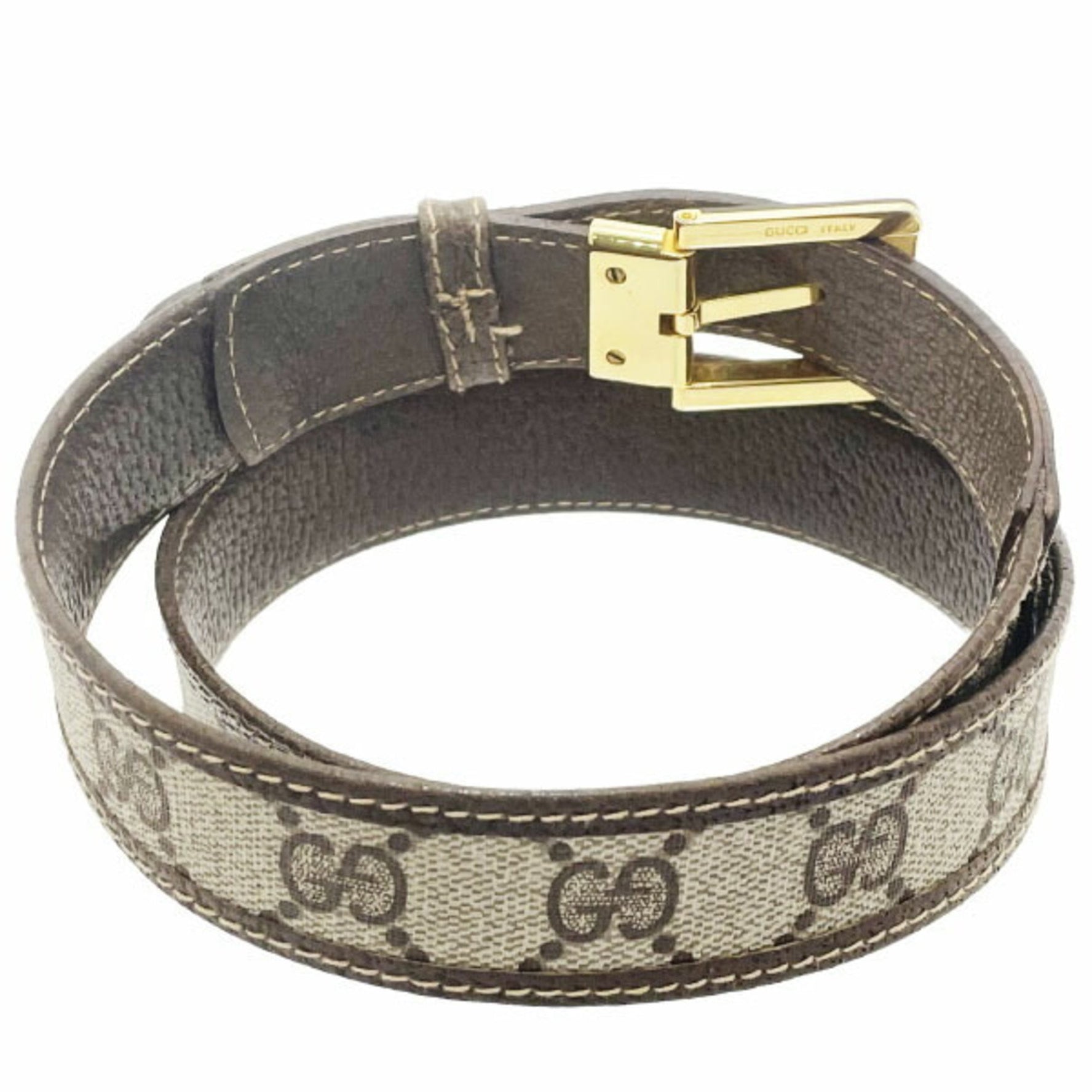 Gucci Belt Sherry Line PVC Leather Beige Brown Size GG Plus Webbing Old