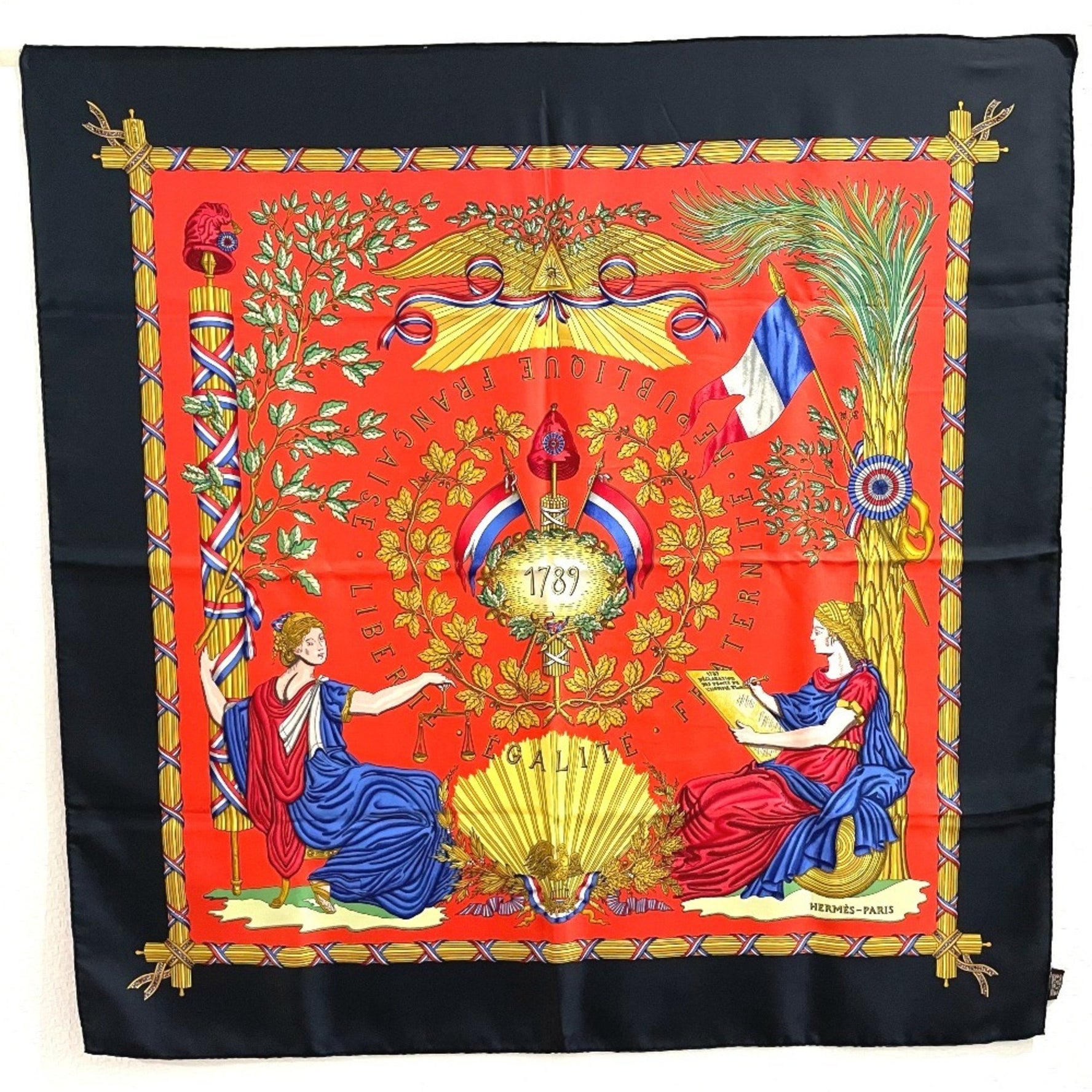 HERMES Carré 90 LIBERTE EGALITE FRATERNITE REPUBLIQUE FRANCAISE (1789) Scarf/Muffler, 100% Silk, Black/Red