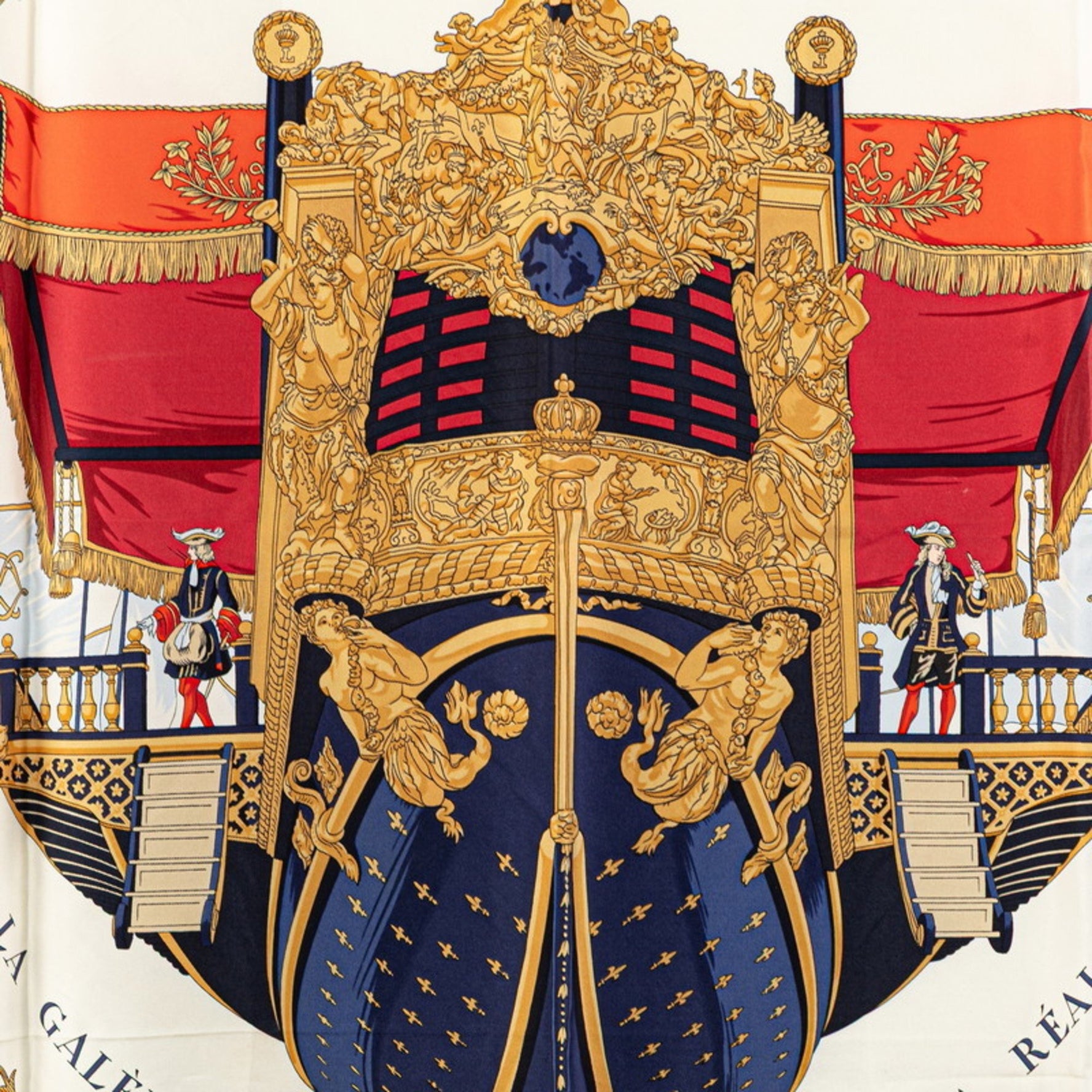 Hermes Hermès Carré 90 "VUE DU CAROSSE DE LA GALERE REALE" Queen's Coronation Scarf, White and Multicolor Silk