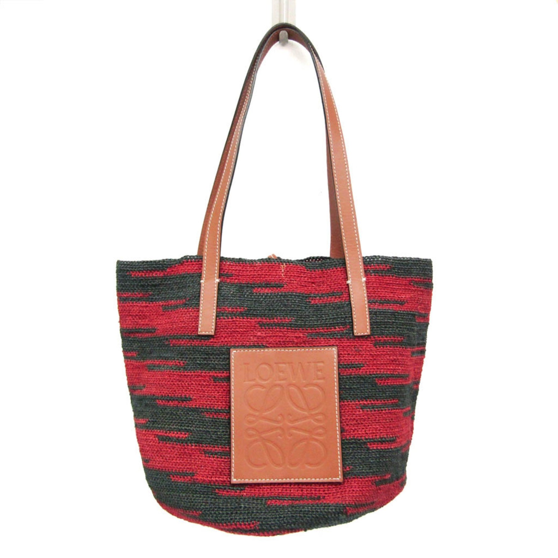 Loewe Shigura Leather,Raffia Tote Bag Brown,Dark Red,Khaki