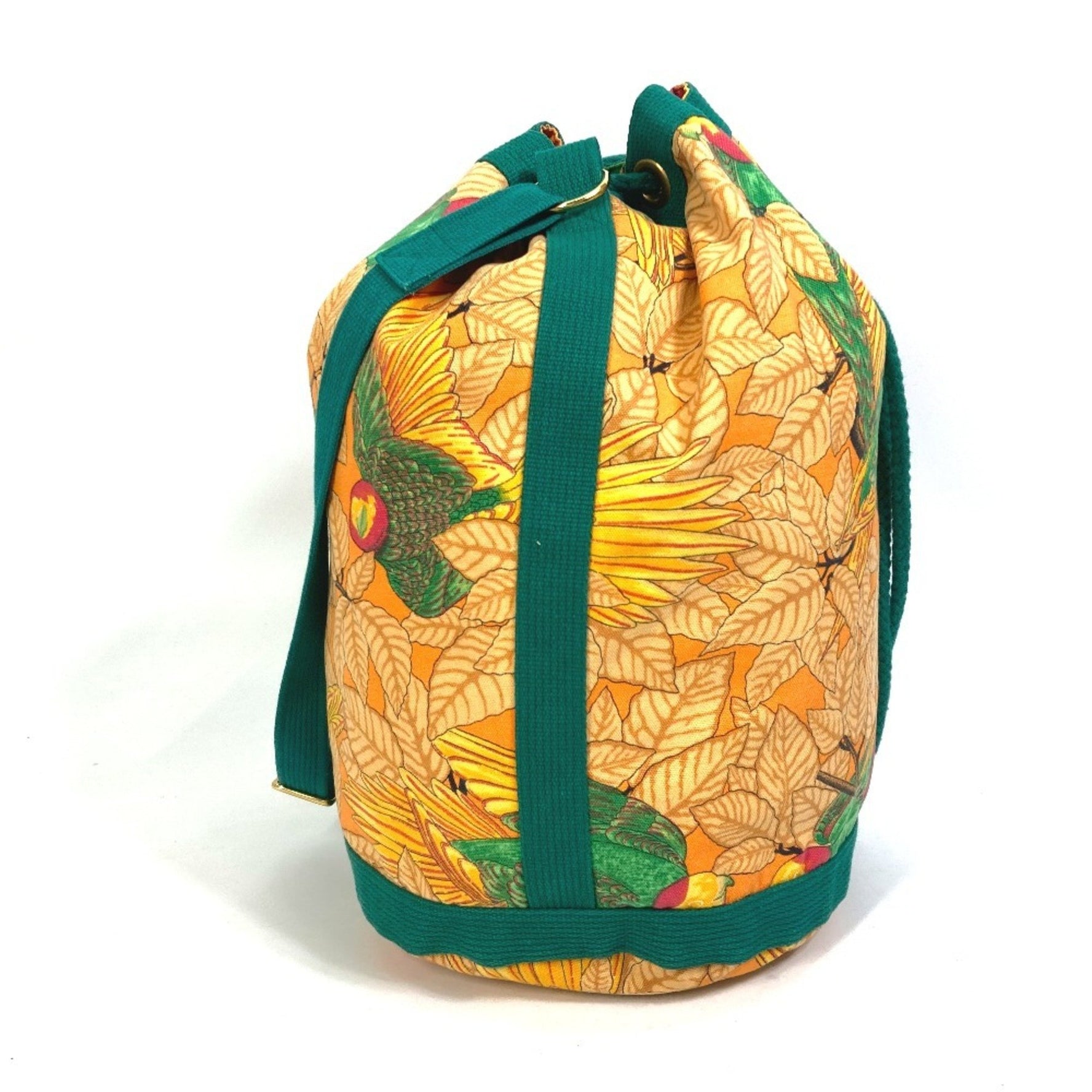 HERMES Vintage Bird Print Drawstring Bag, One-Shoulder Canvas Shoulder Green