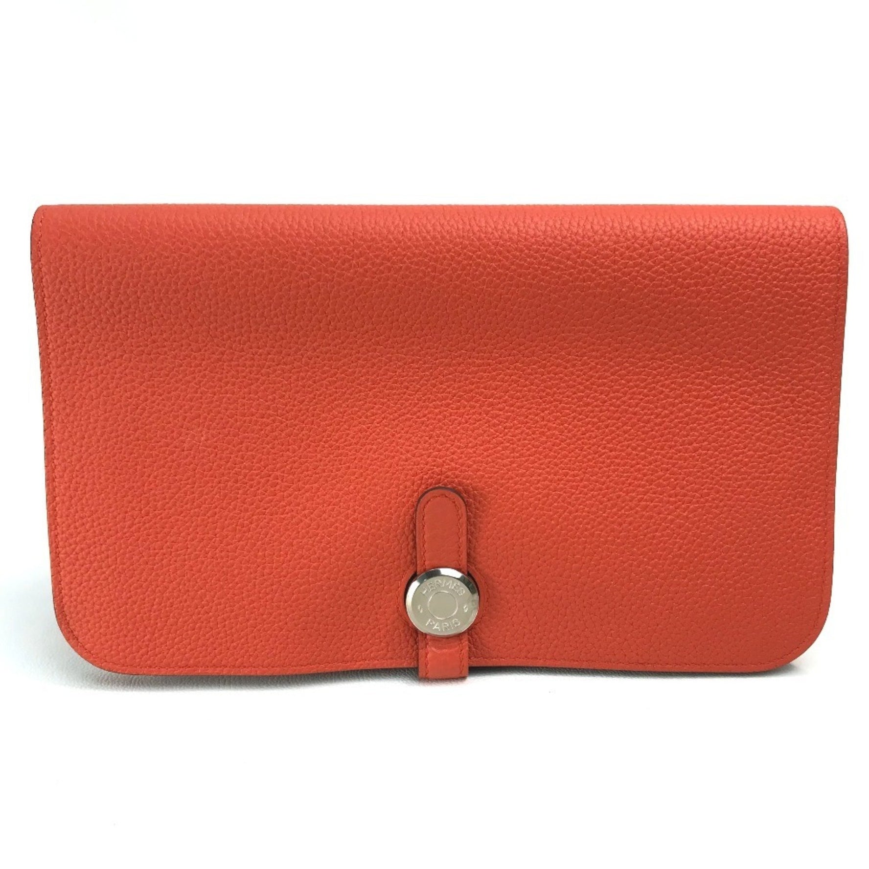 HERMES Dogon GM Duo Long Wallet with Coin Case, Togo Leather, Rouge Tomato, Orange Red