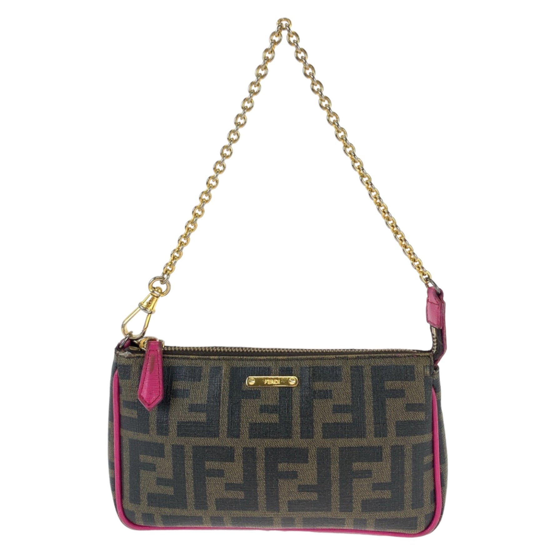 FENDI Zucca pattern brown, pink, and gold hardware leather handbag with chain, accessory pouch, GRP