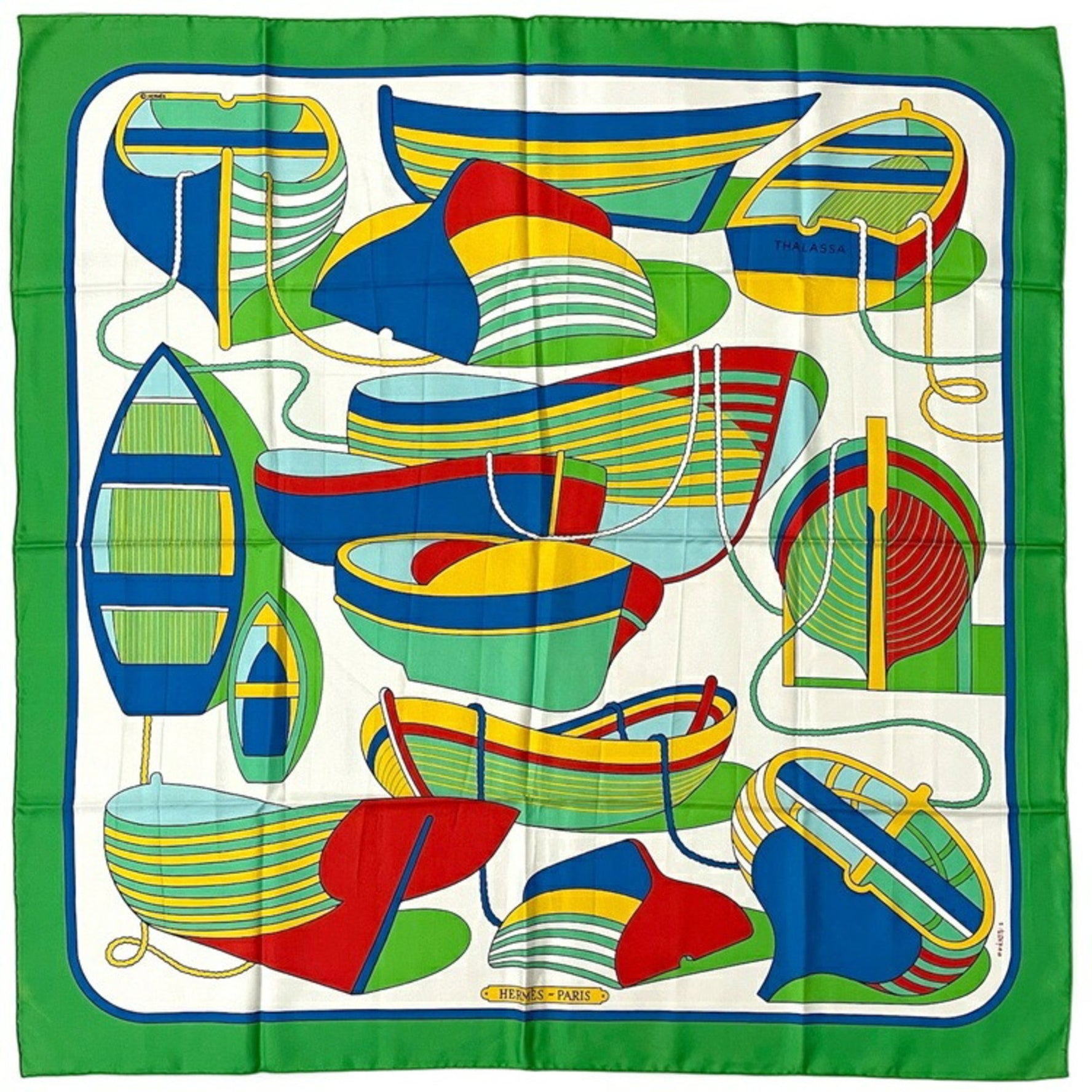 Hermes Hermès Carré 90 Scarf in green, blue, and white. This 100% silk scarf features a boat motif small design. Also available: large, from the collection.