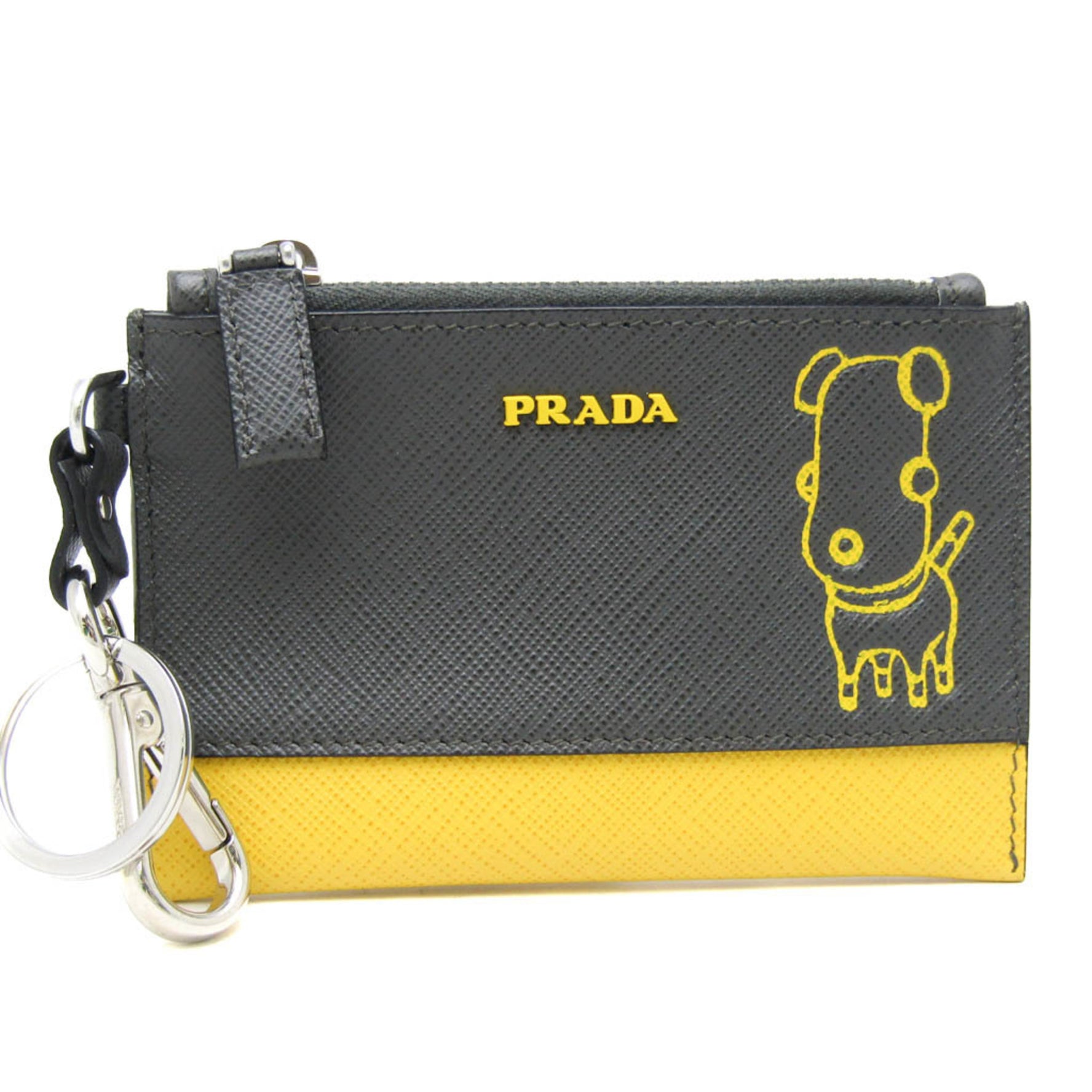 Prada Saffiano Dog Illustration Print With Key Ring Men,Women Leather Coin Purse/coin Case Gray,Yellow
