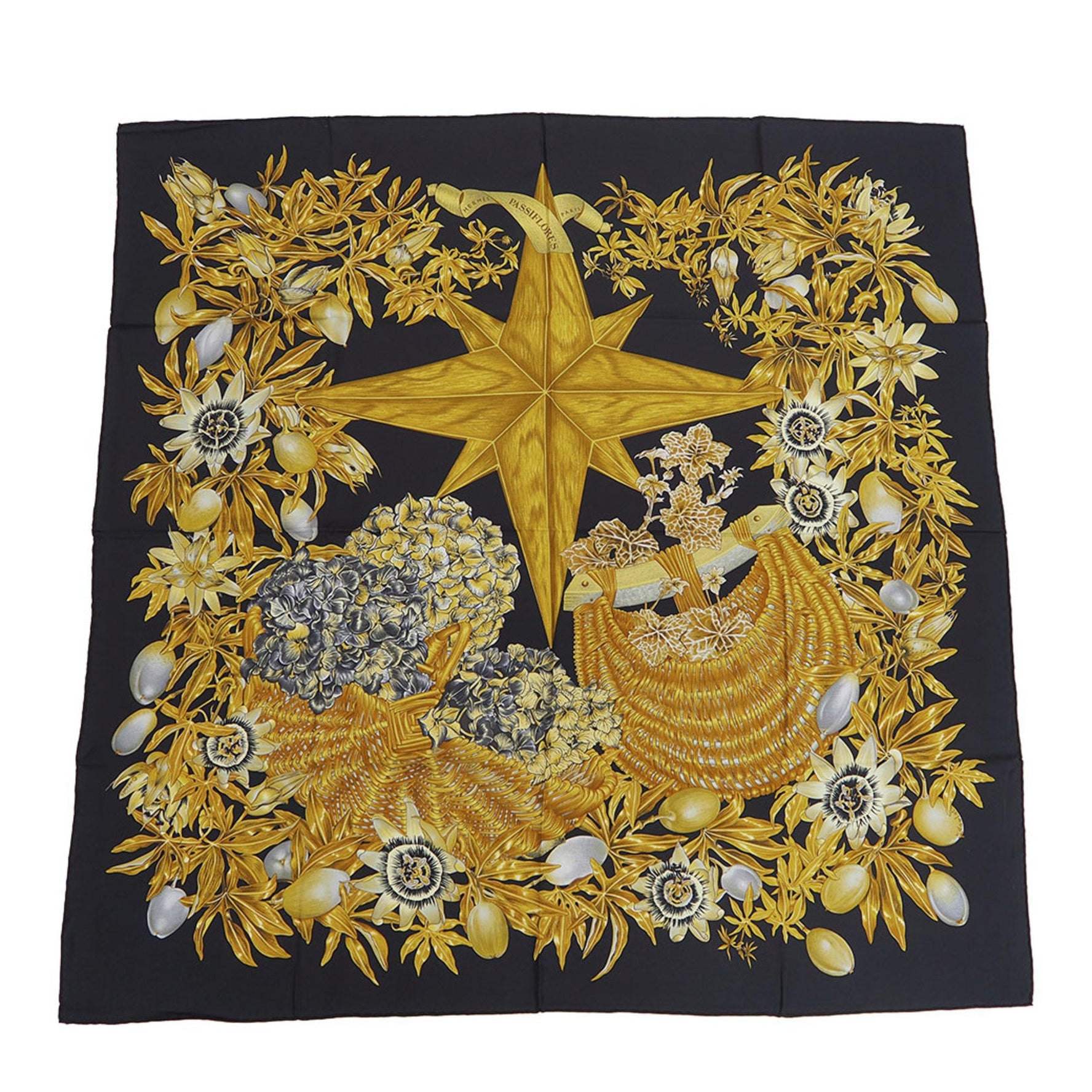 HERMES Carre 90 PASSIFLORES Black x Yellow v.dawlat Scarf Muffler