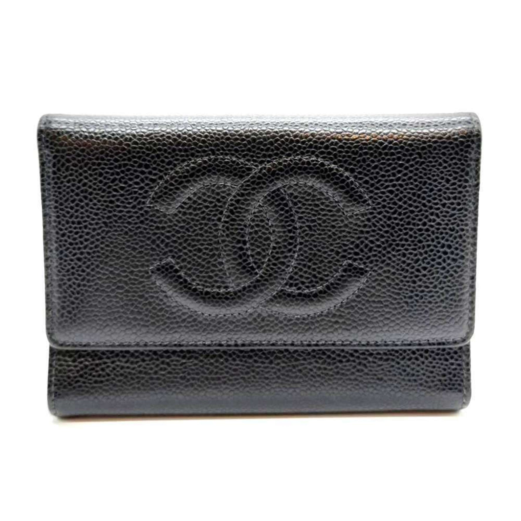 Chanel Tri-fold Wallet Coco Mark Folding Caviar Skin Leather