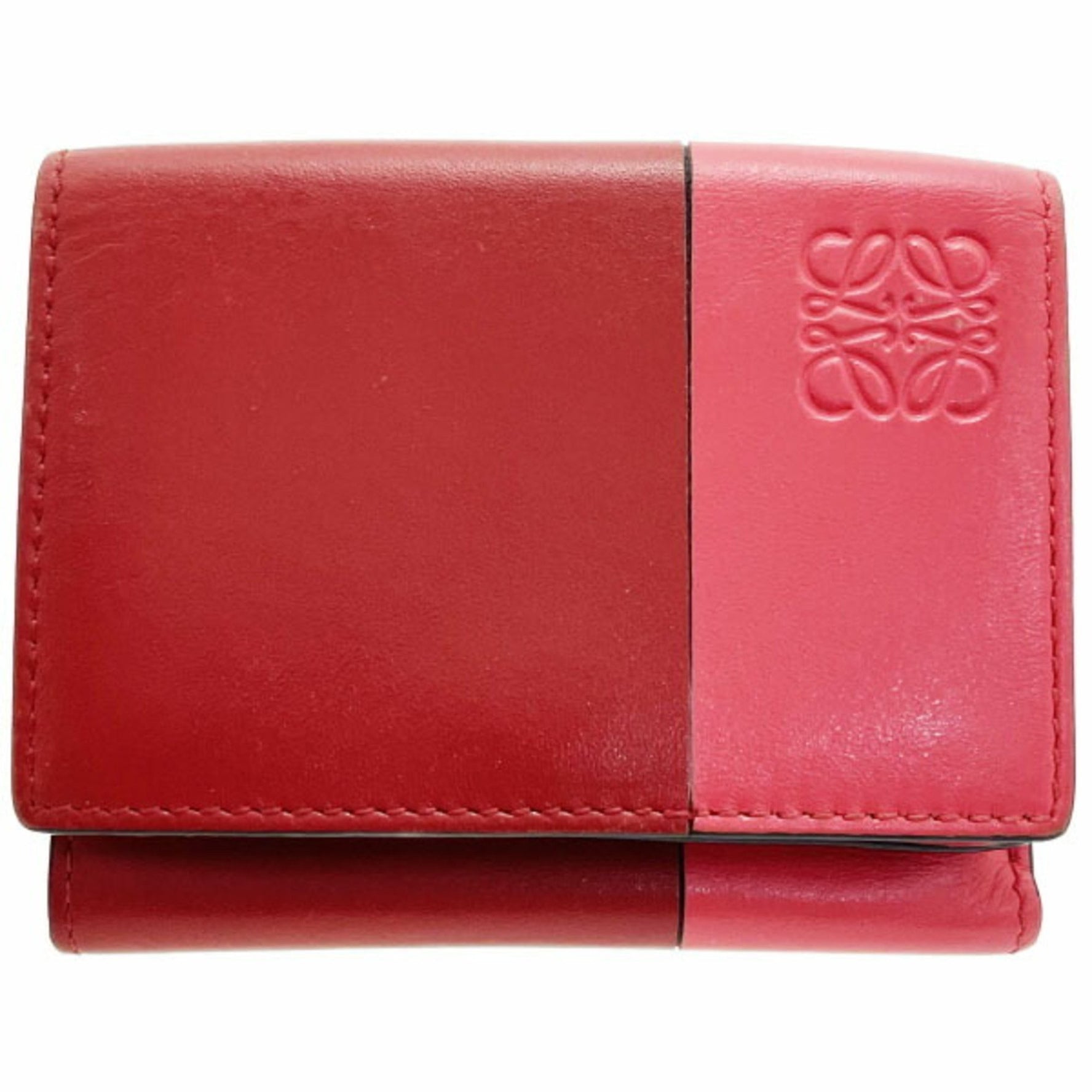 LOEWE Wallet Trifold Calf Leather Red Coral Pink 109 10 320 Anagram Bicolor Compact