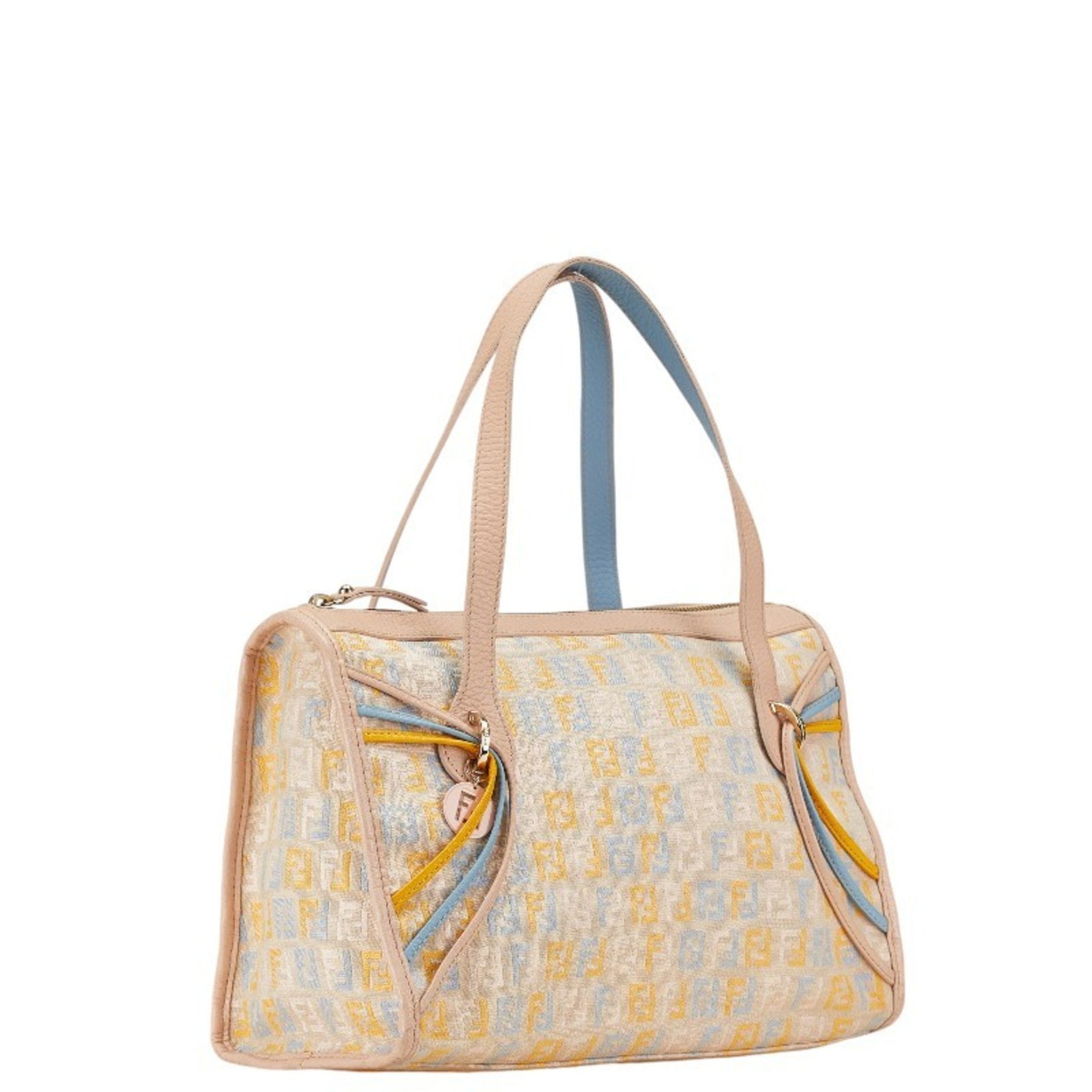 Fendi Zucchino Handbag Tote Bag Beige Yellow Blue Canvas Leather