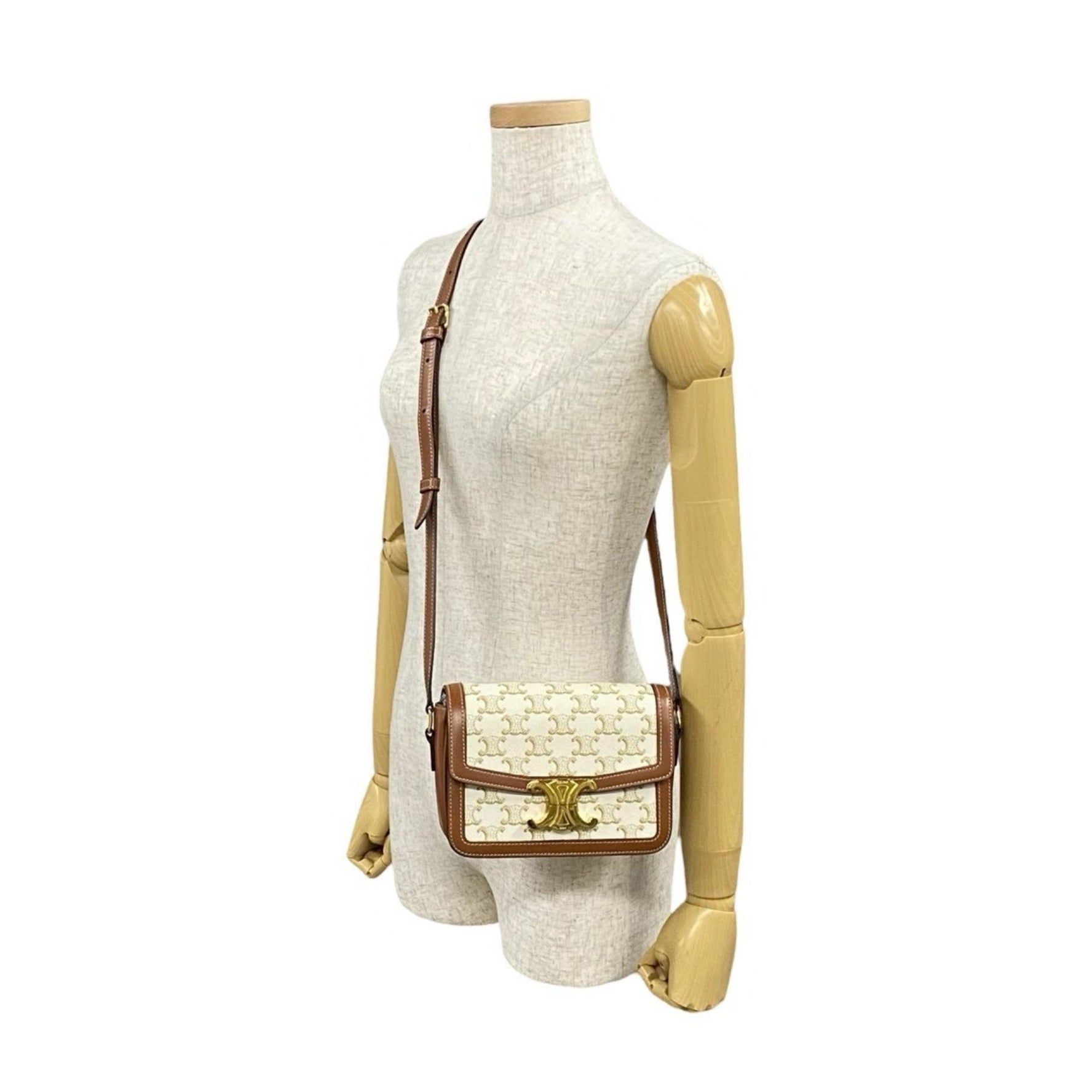 CELINE Teen Triomphe Logo Hardware Leather Shoulder Bag Pochette Brown Ivory
