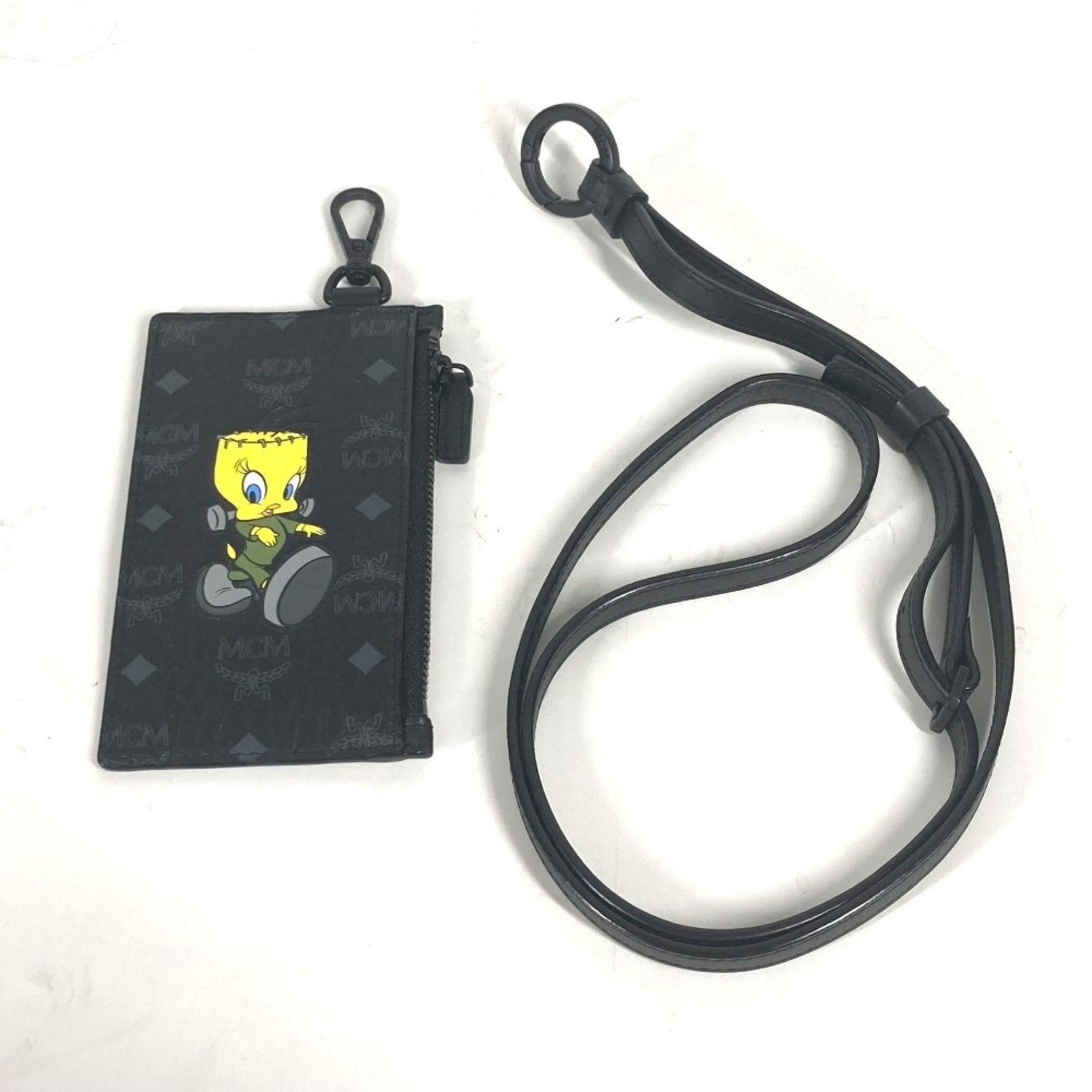 MCM Looney Tunes Collaboration Visetos Tweety Wallet Coin Purse Fragment Case with Neck Strap Wallet/Coin Leather Black