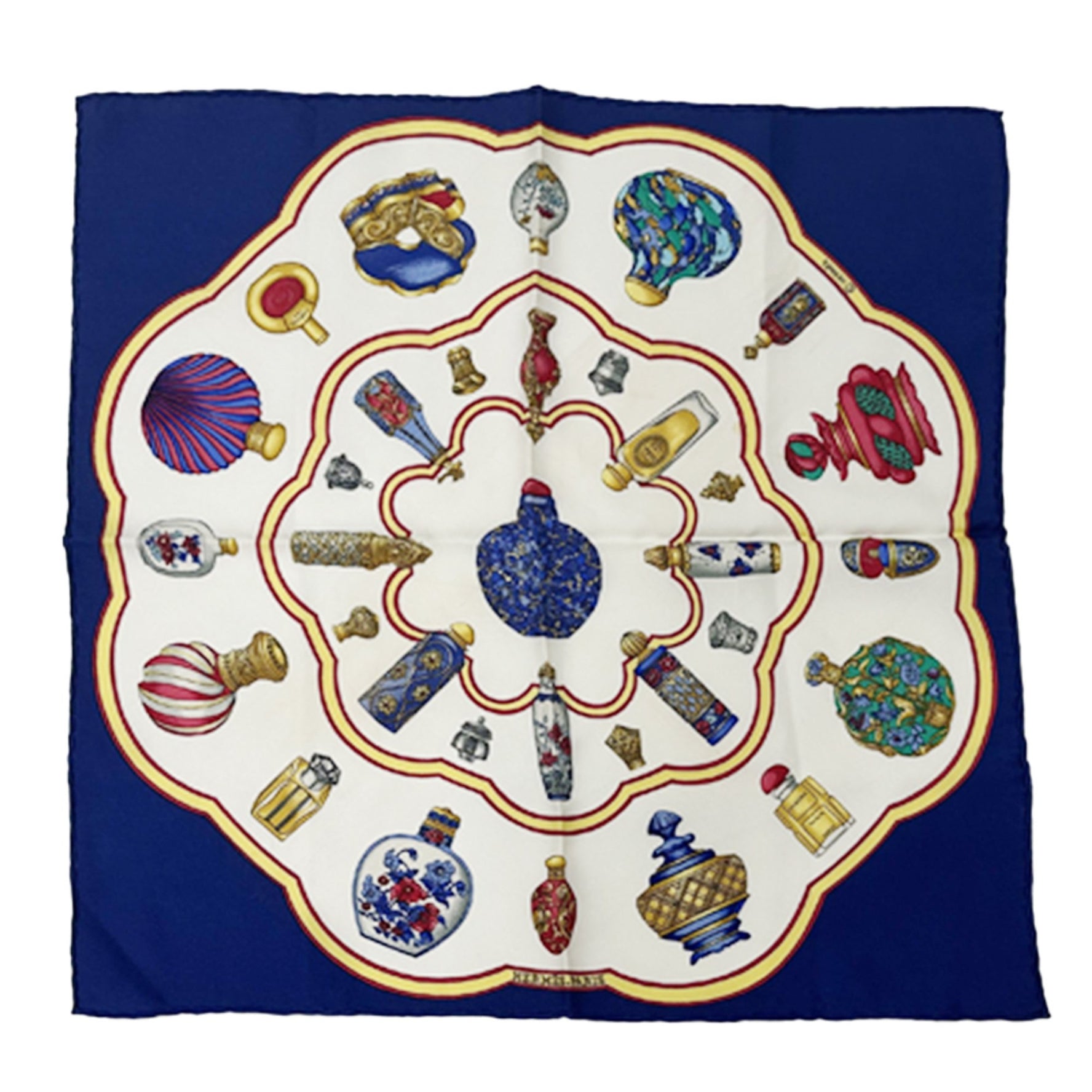 Hermes Hermès Petit Carré scarf/muffler brand QU IMPORTE LE FLACON perfume bottle, silk, blue, yellow, red, 45