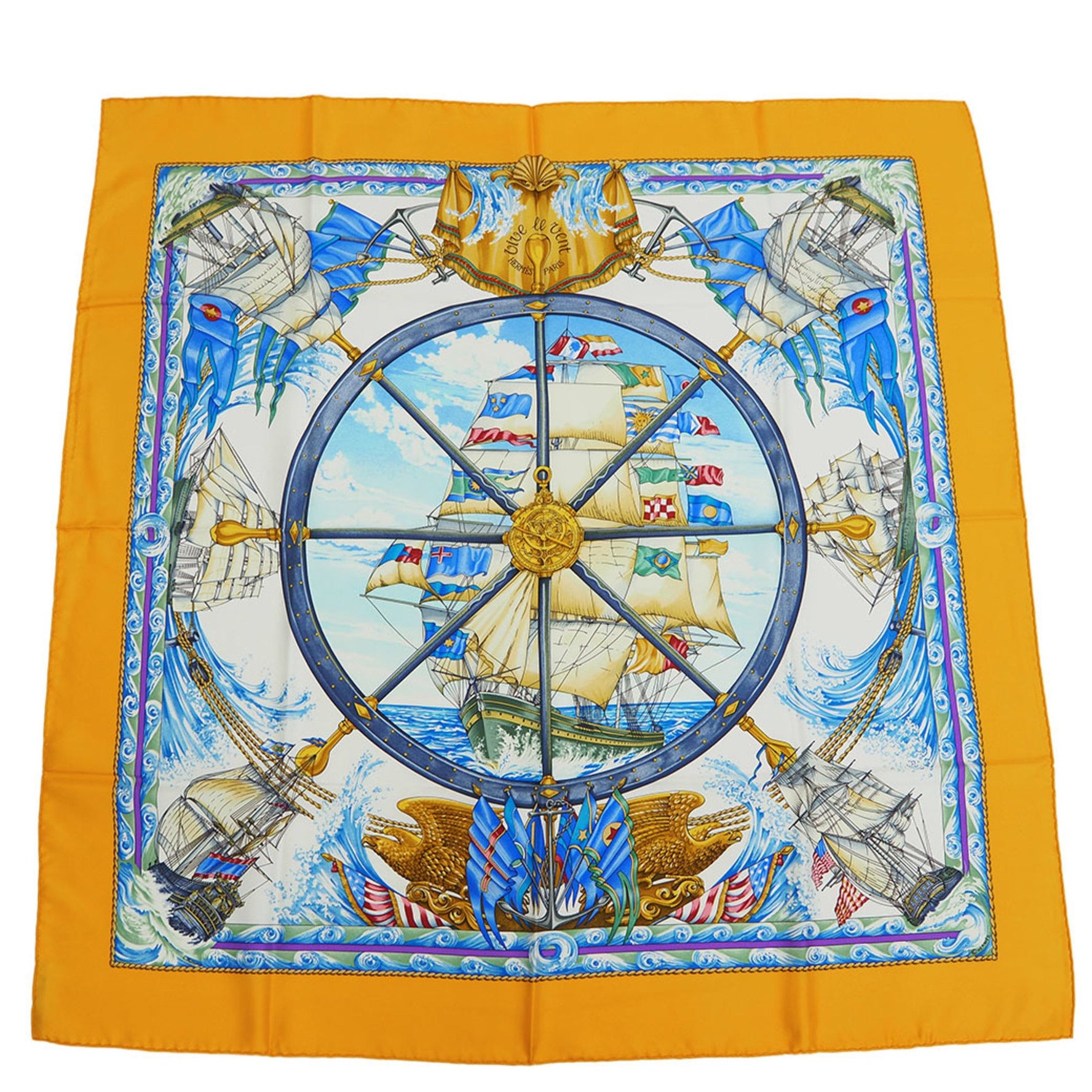 HERMES Carre 90 Vive le ven Wind Blow Yellow Rudder Ship Scarf Muffler