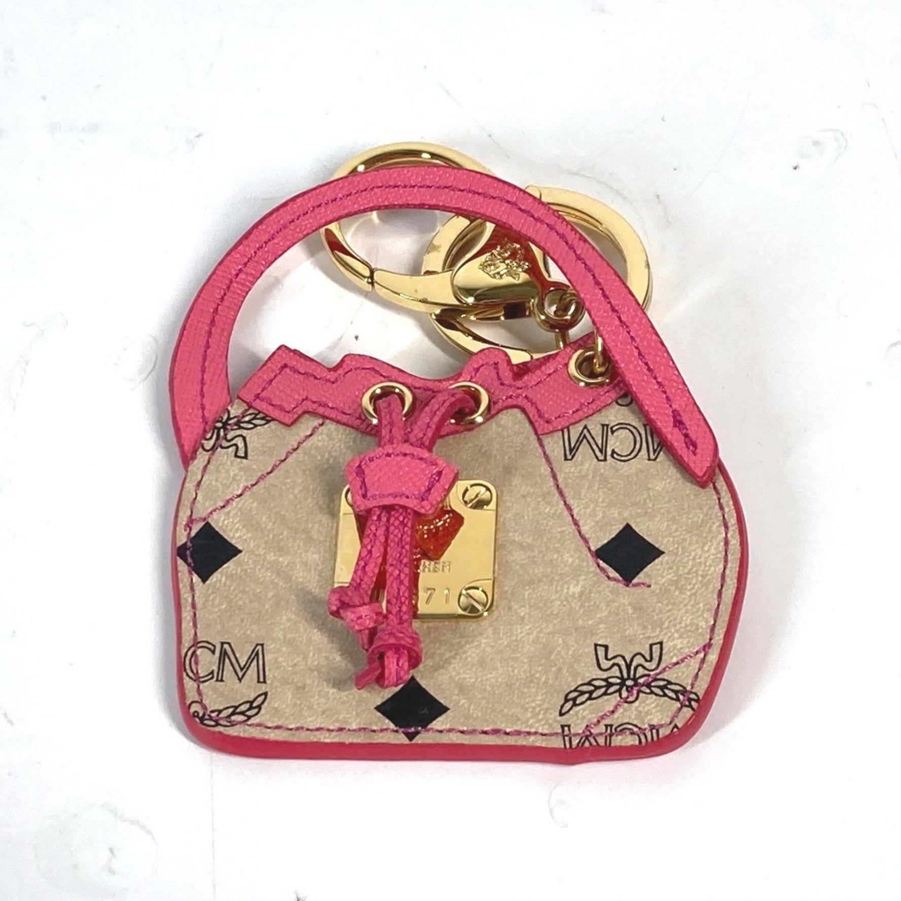 MCM Visetos Bag Design Charm Keychain Leather Beige