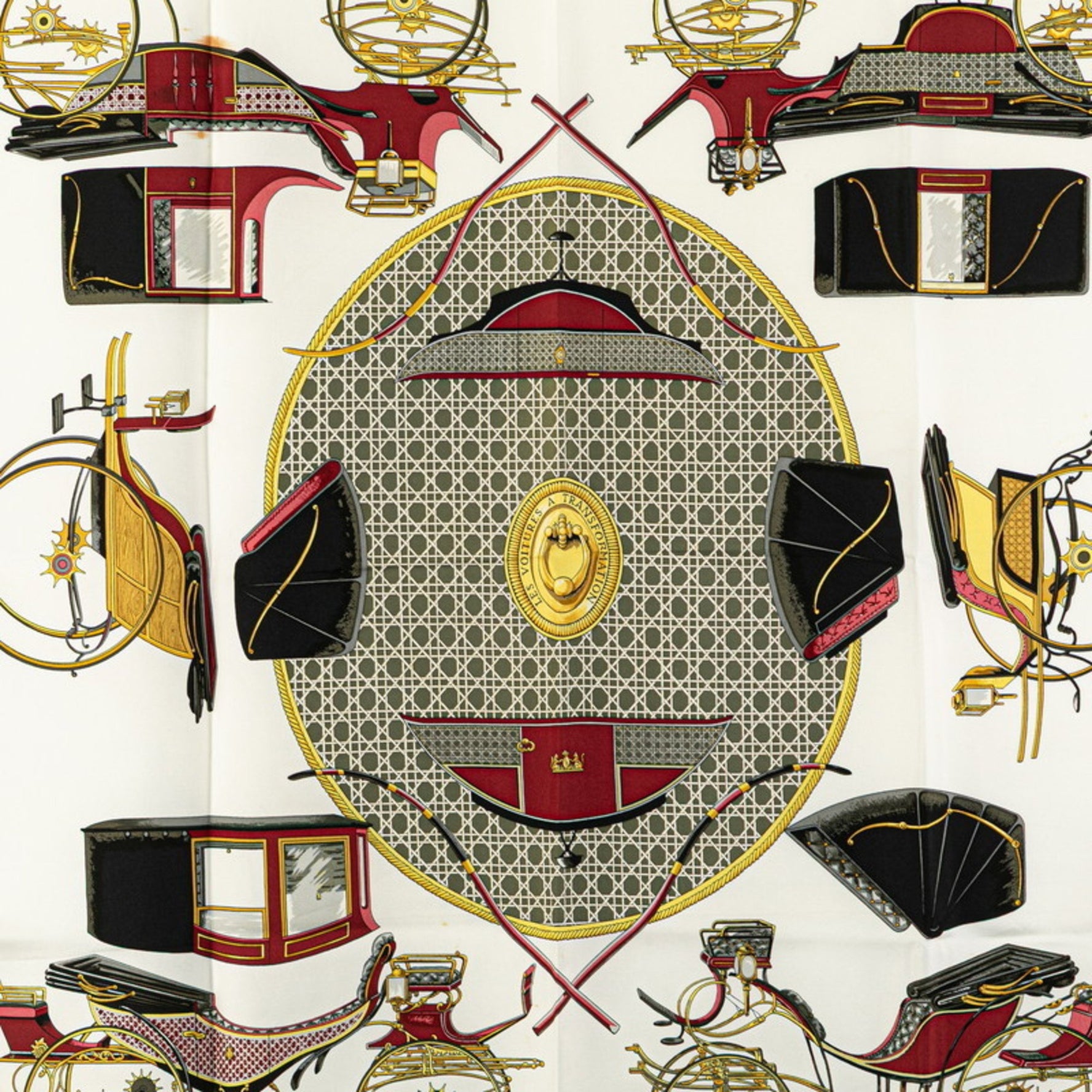 Hermes Hermès Carré 90 "Les Voitures a Transformation" Folding Canopy Carriage Scarf, White, Wine Red, Multicolor, Silk