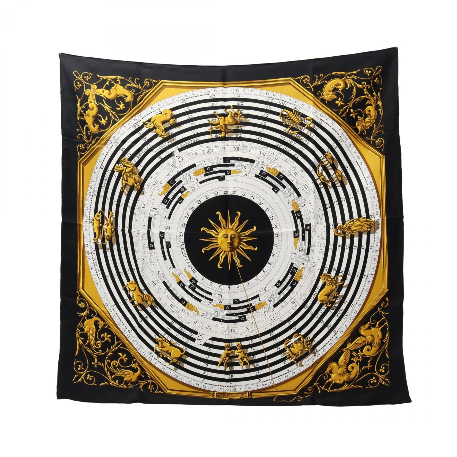 Hermes Hermès DIES ET HORE Carré 90 Silk Scarf in Black and White