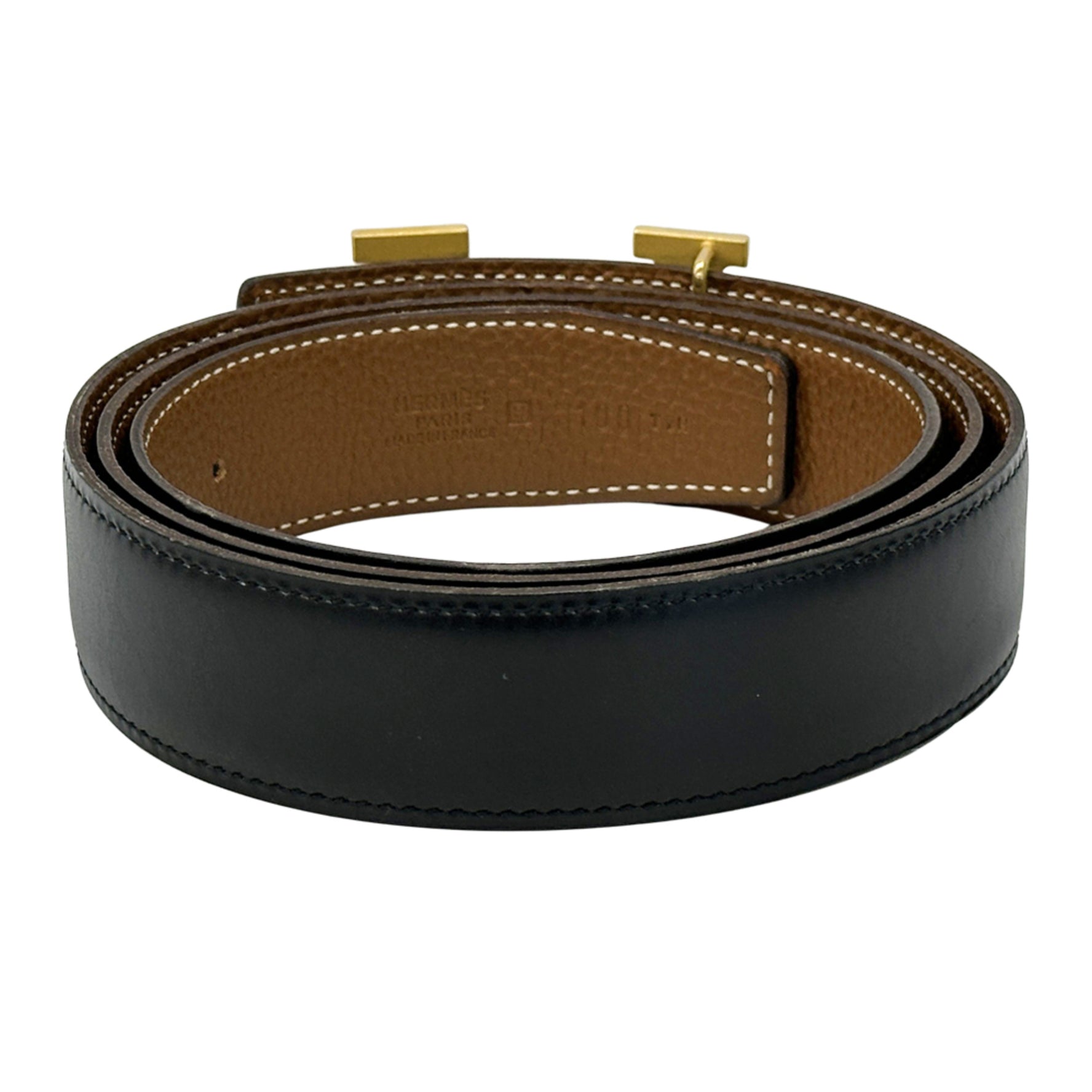 Hermes Hermès Constance belt reversible box calf leather in black and brown with gold hardware, H stamped.