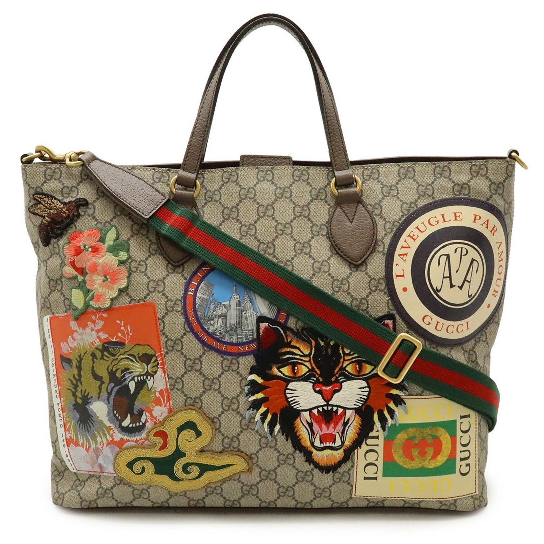 GUCCI Soft GG Supreme Courier Tote/Shoulder Bag in Leather with Appliqués Beige, Brown, and Multicolor