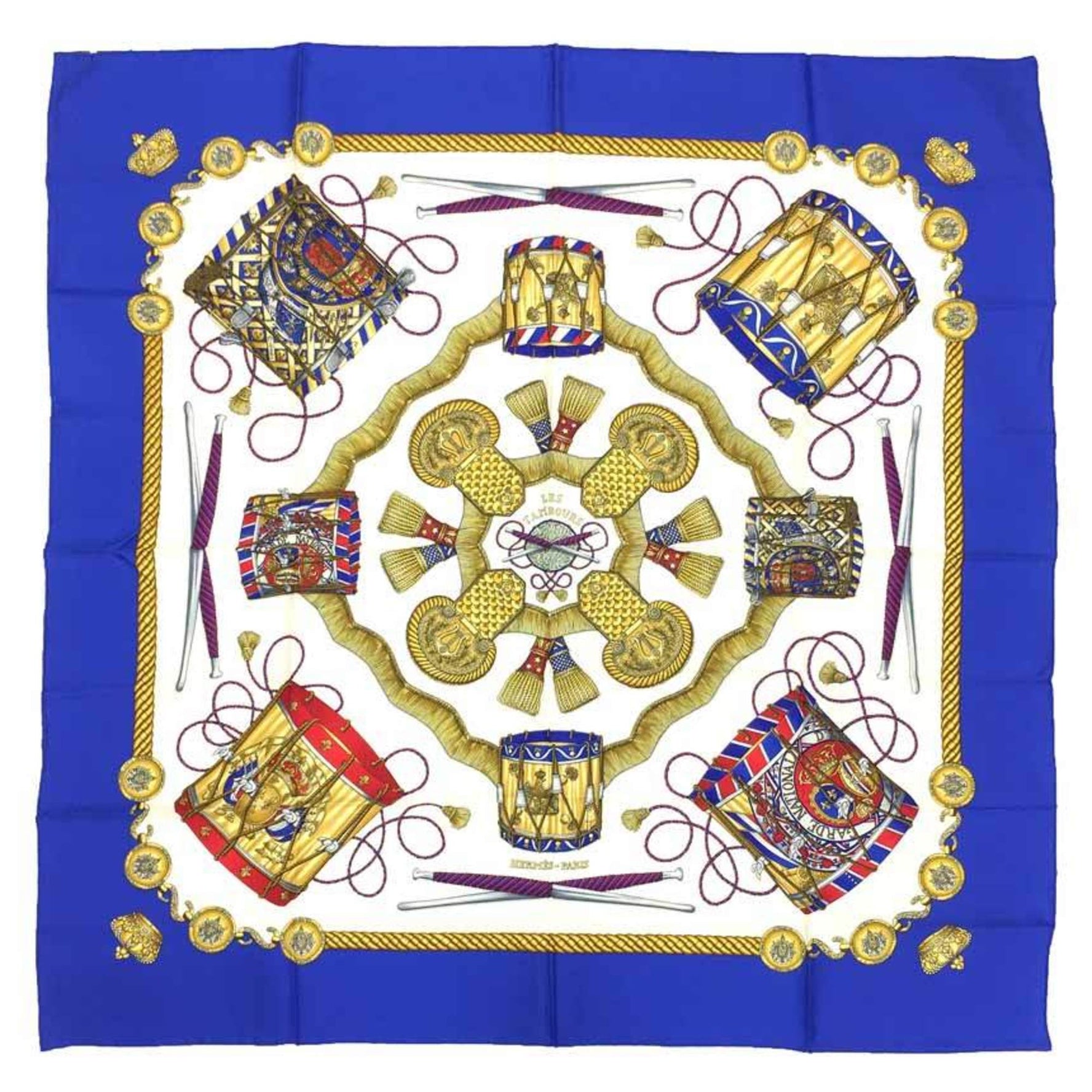 HERMES Carré 90 LES TAMBOURS Tambour drums Blue x white 100% silk scarf muffler