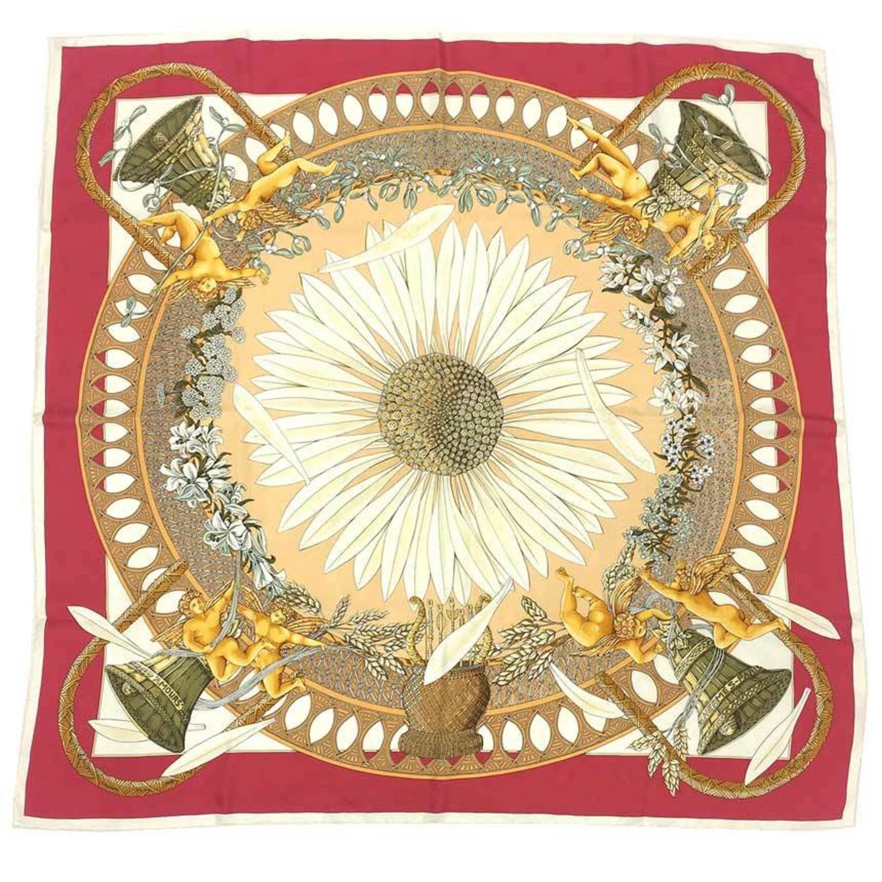 HERMES Carré 90 Scarf/Muffler AMOURS (Love/Amore) Red and Cream Flower Daisy 100% Silk