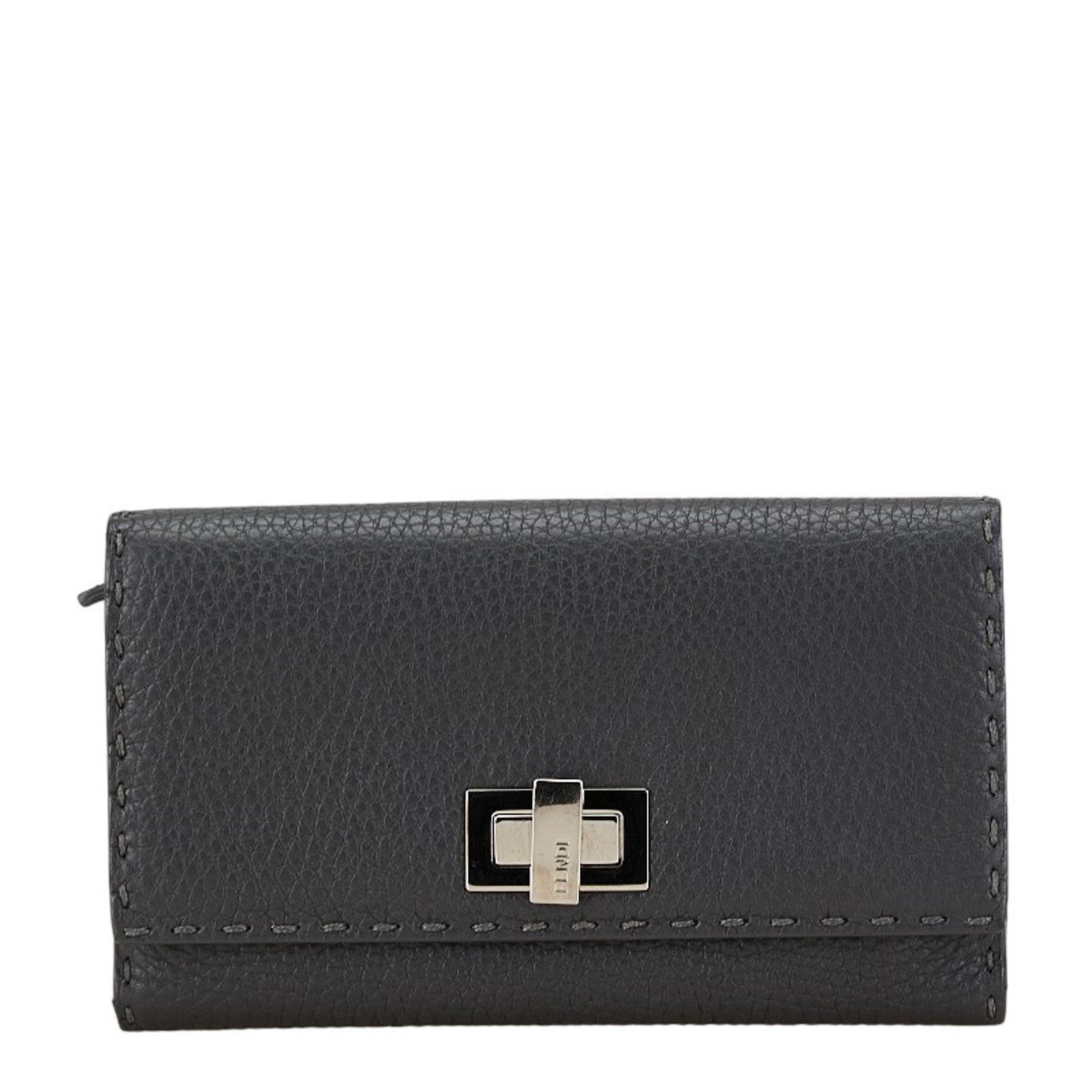 FENDI Selleria Peekaboo Long Wallet Grey Silver Leather