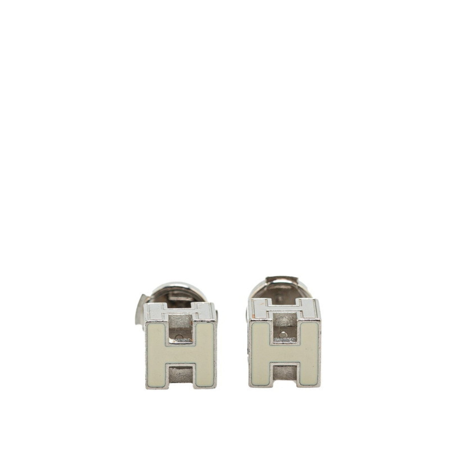 Hermes Cage de H Cube Earrings Silver White Metal