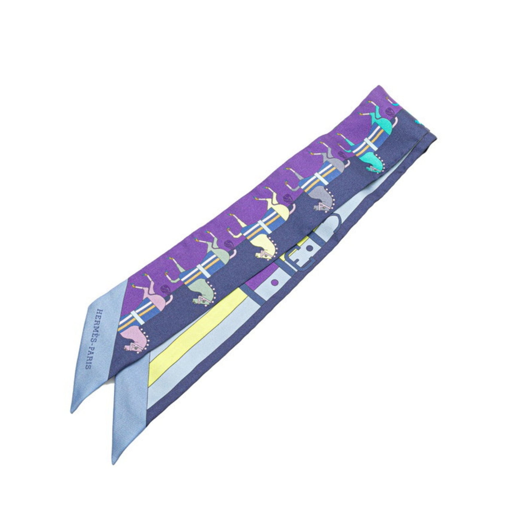 Hermes Hermès Twilly Rocabar Horse Print Scarf/Muffler in Purple, Navy, and Multicolor Silk