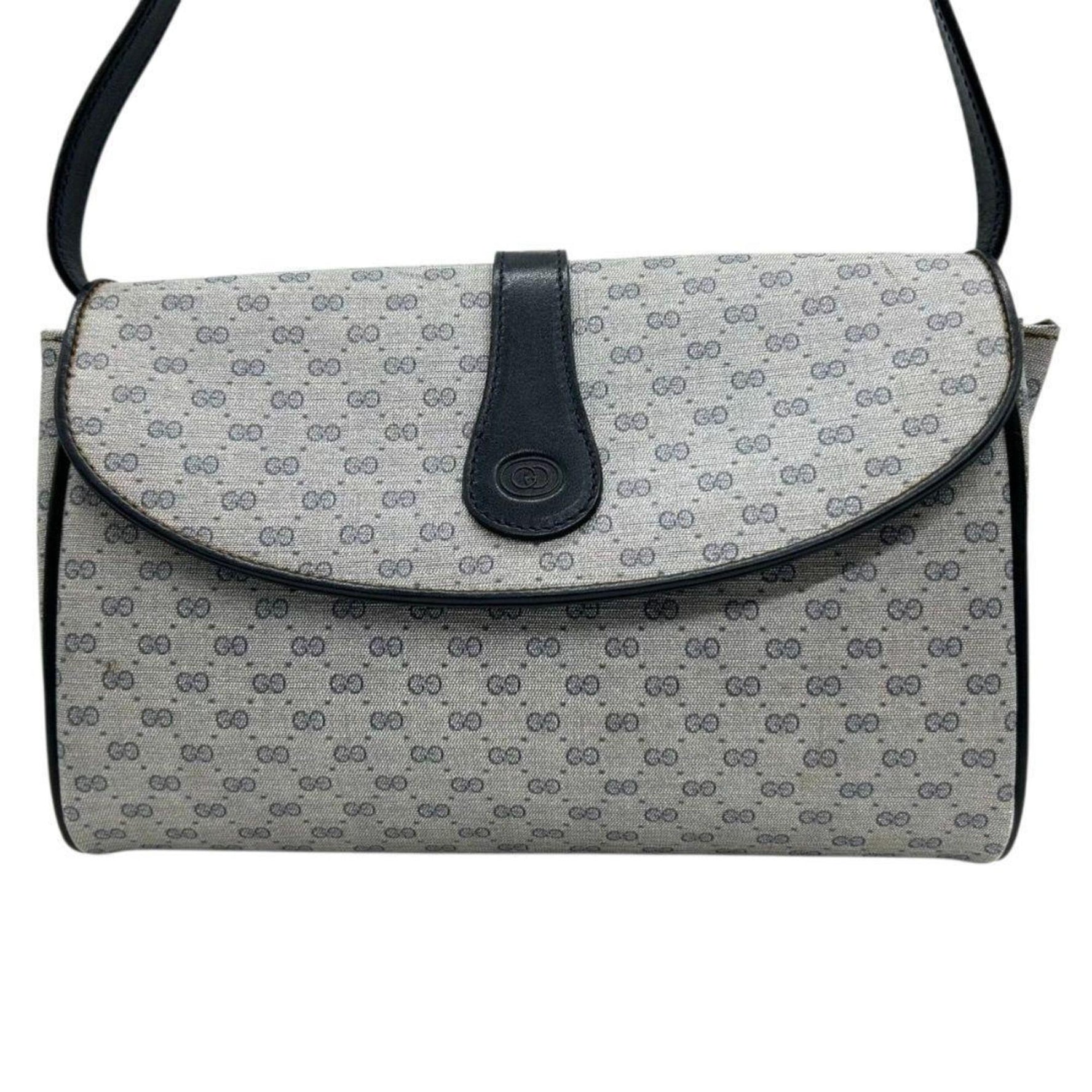 Vintage GUCCI Micro GG Shoulder Bag in Blue Leather with Flap, Crossbody Attachment, Gold Hardware, Logo Plate, and Crest Logo.