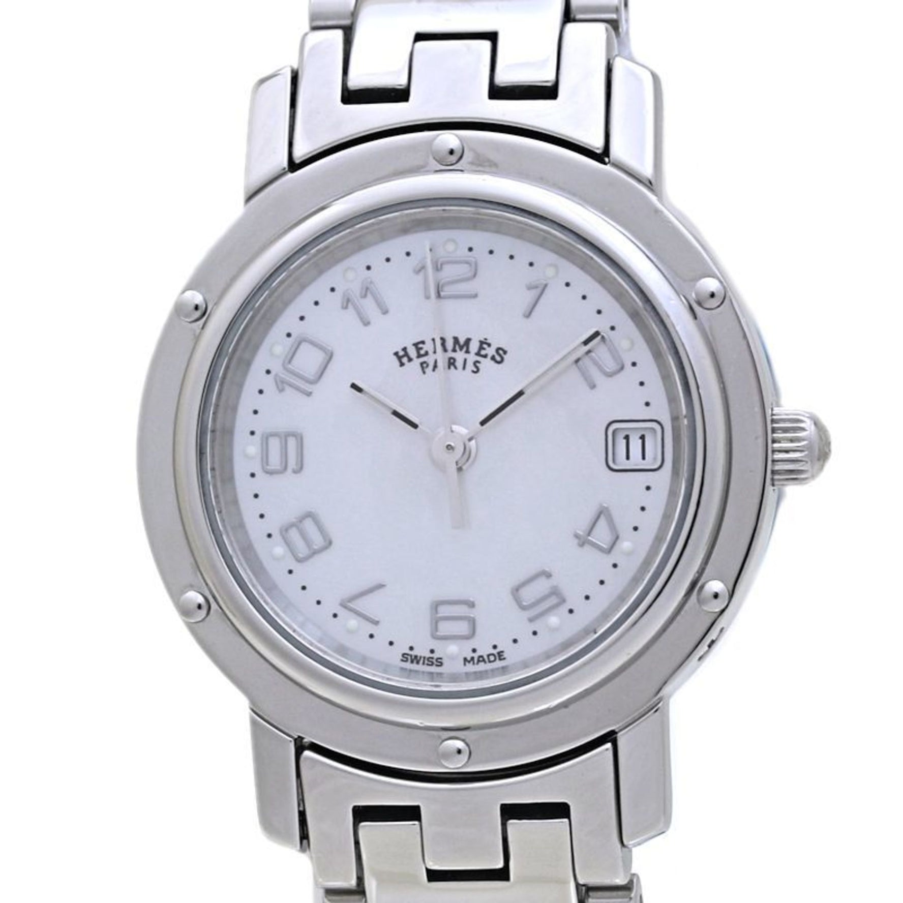 HERMES Clipper Nacrée White Shell Watch with New Buckle, 3821 Stainless Steel