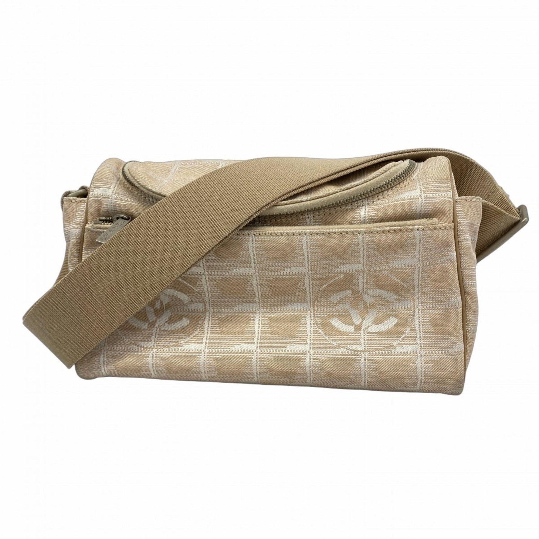 Chanel New Travel Shoulder Bag, Nylon, Beige, Silver