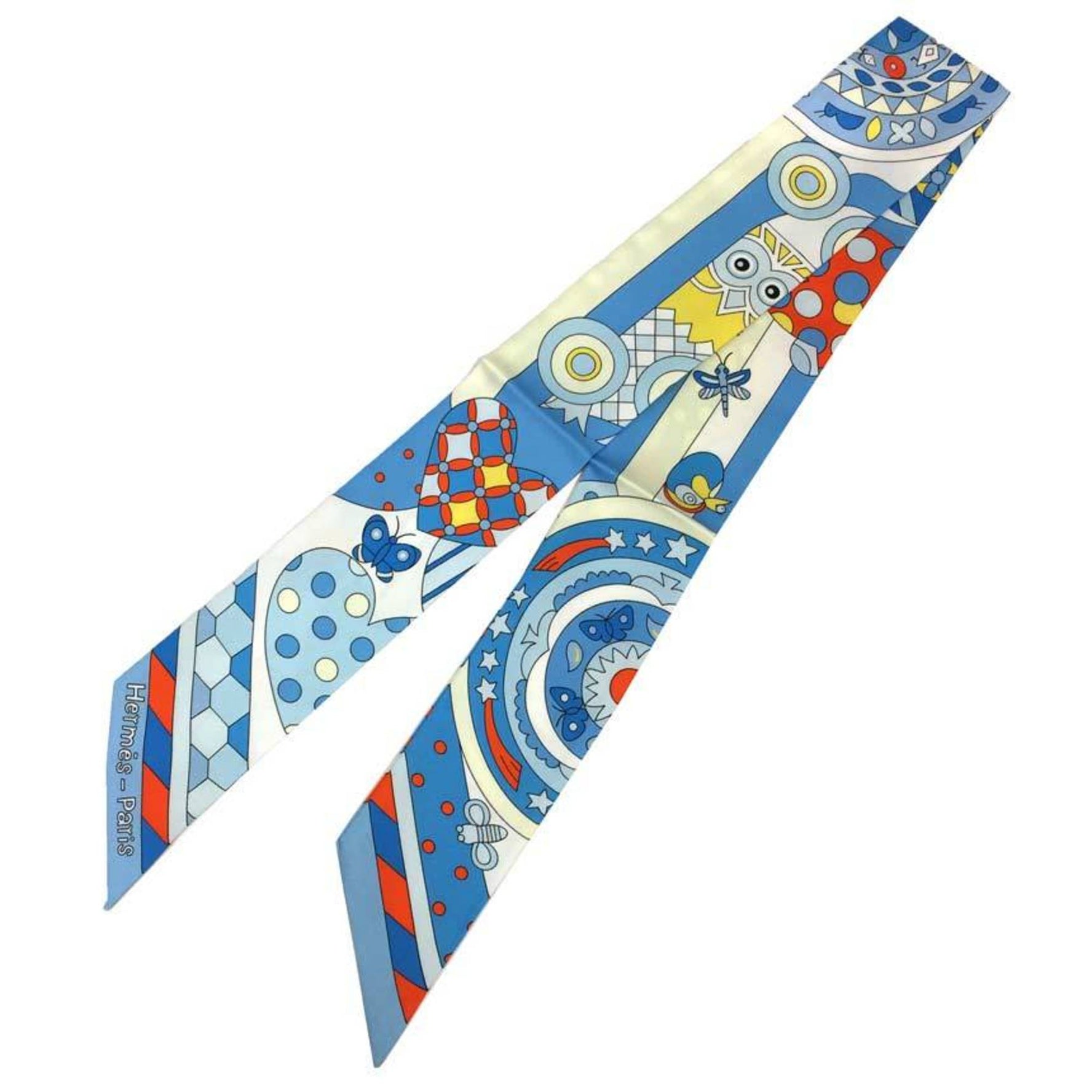 HERMES Twilly Scarf Muffler LES MURMURES DE LA FORET Forest Whispers Owl Blue Jean Silk