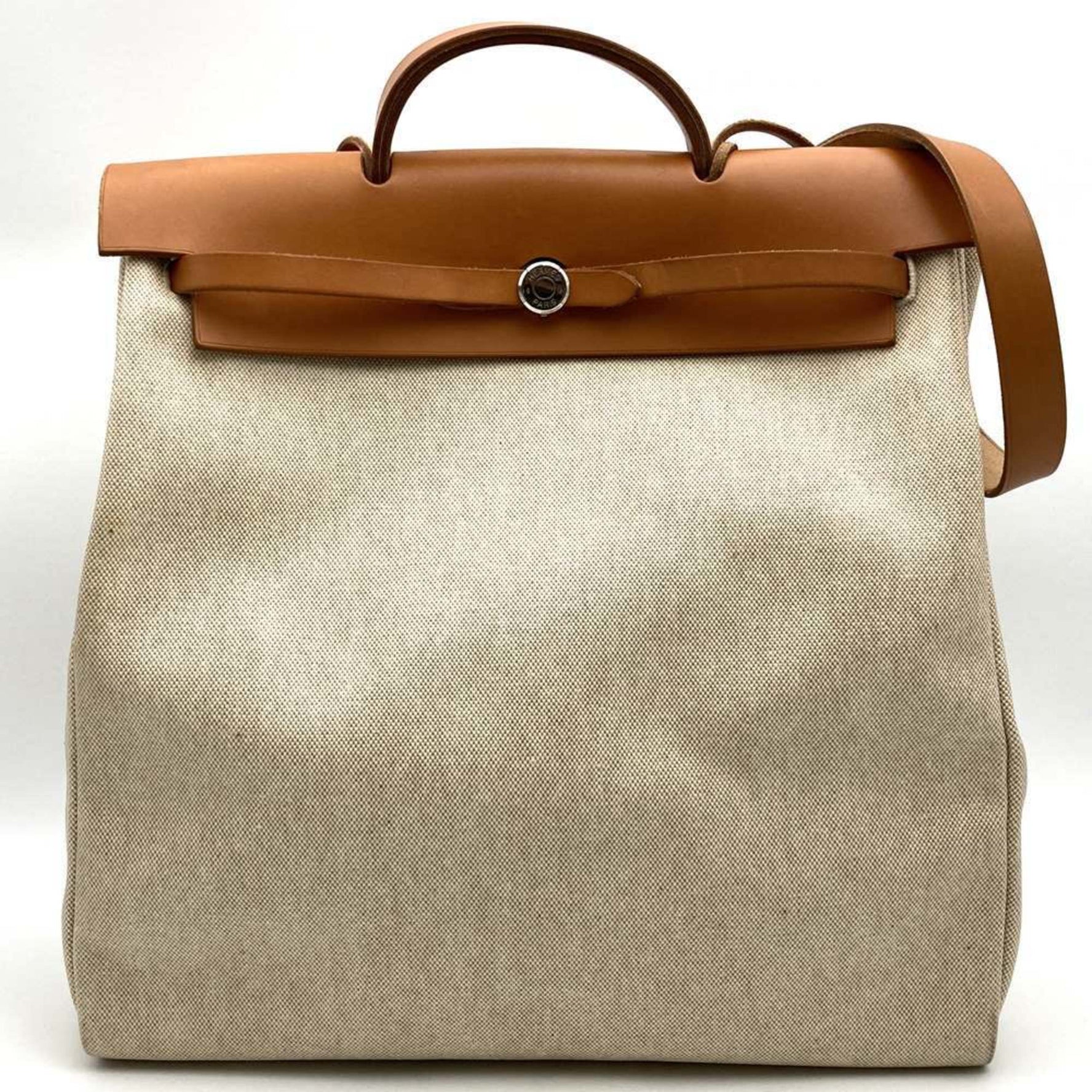 HERMES Air Bag, Handbag/Shoulder Canvas and Leather, Ivory Brown, Women