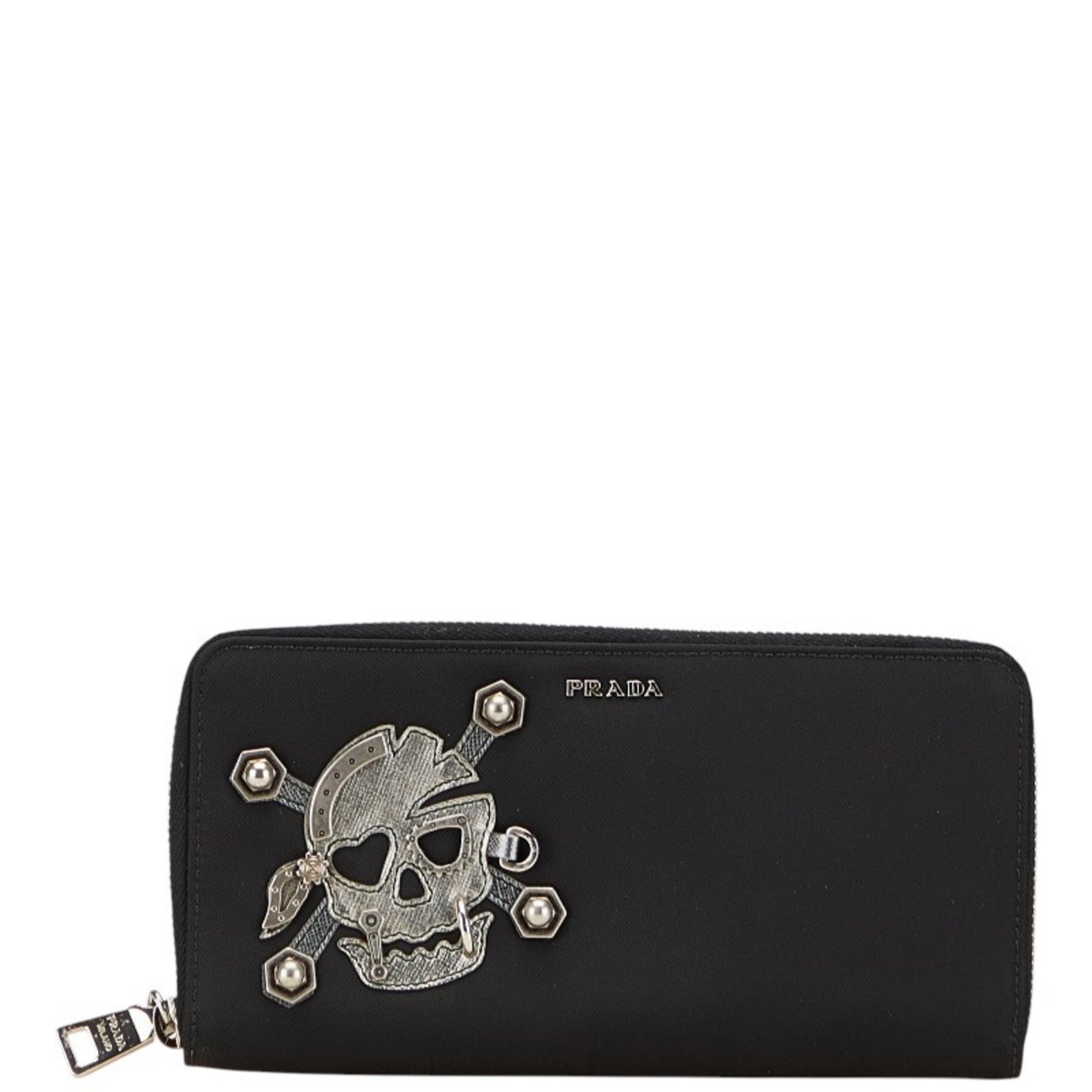 Prada skull long wallet with round zipper, silver, nylon, and leather.