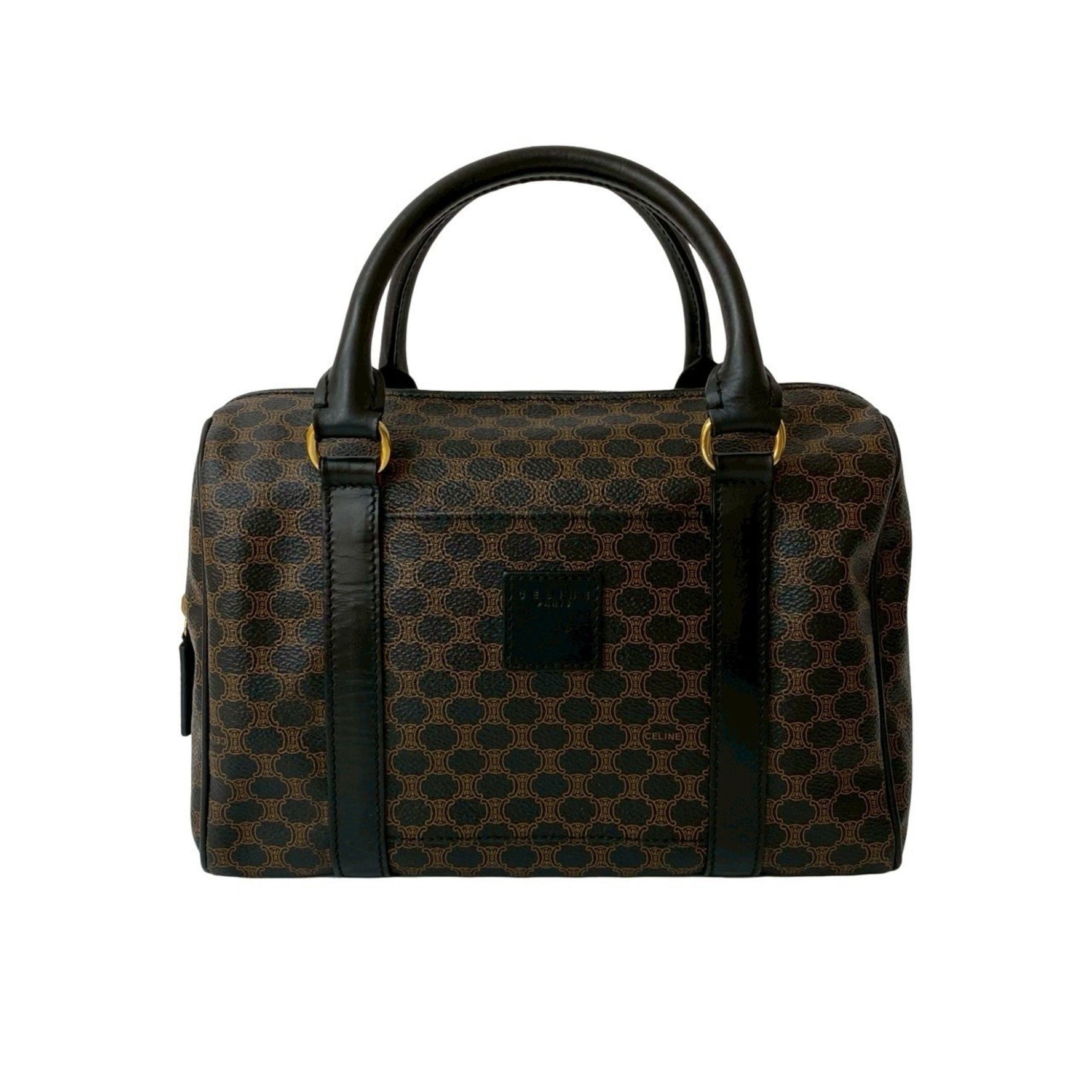 CELINE Macadam Blason with Triomphe Logo and Genuine Leather Handbag/Mini Boston Bag in Black Brown